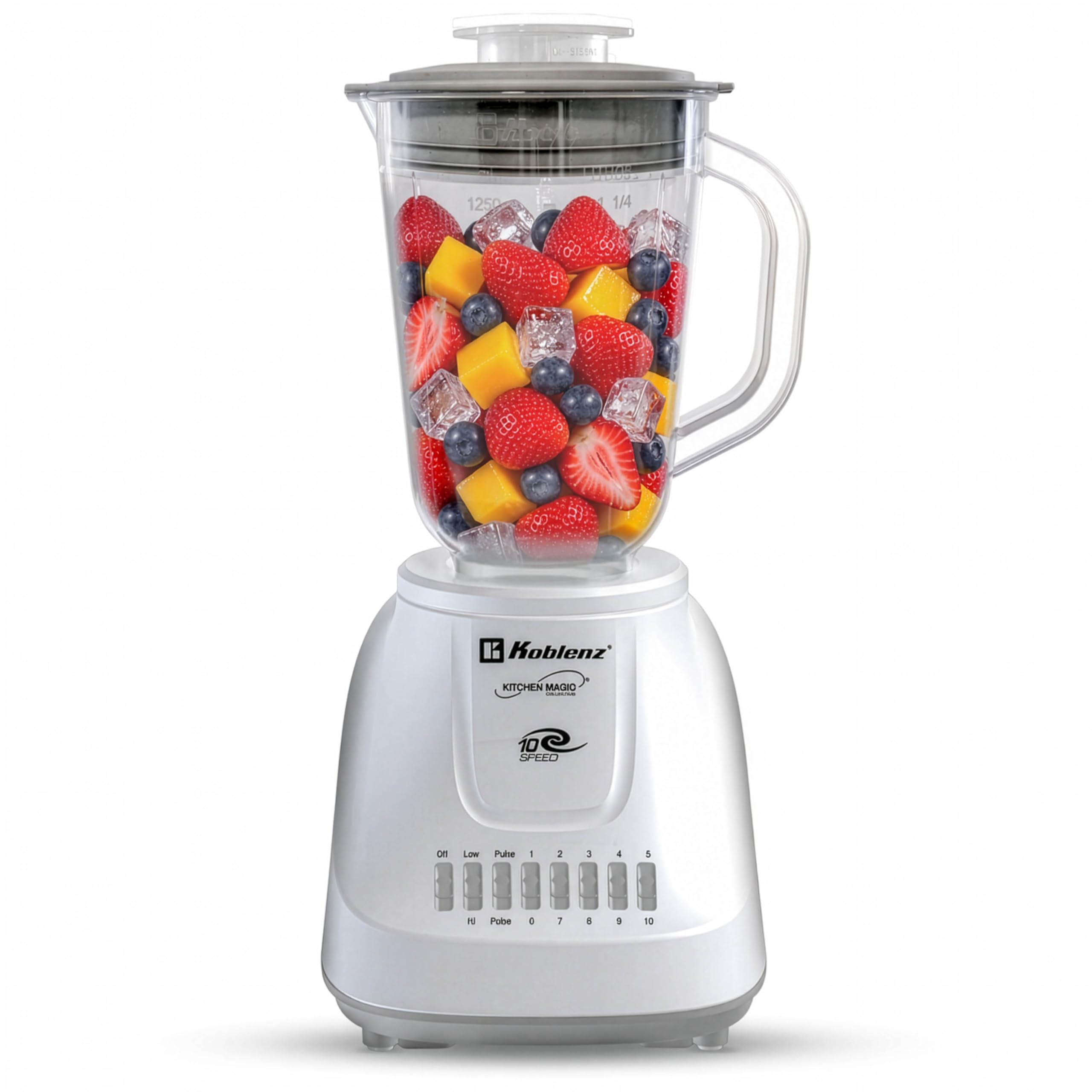 Koblenz LKM-5510 PB Countertop, Stainless Steel Blades, Plastic Jar, 42 oz | 500W Motor, 10 Speed + 2 Pulse, Stainless Steel Blades, Metal Coupling, Smoothie Blender, Blender for Kitchen, White, Durable