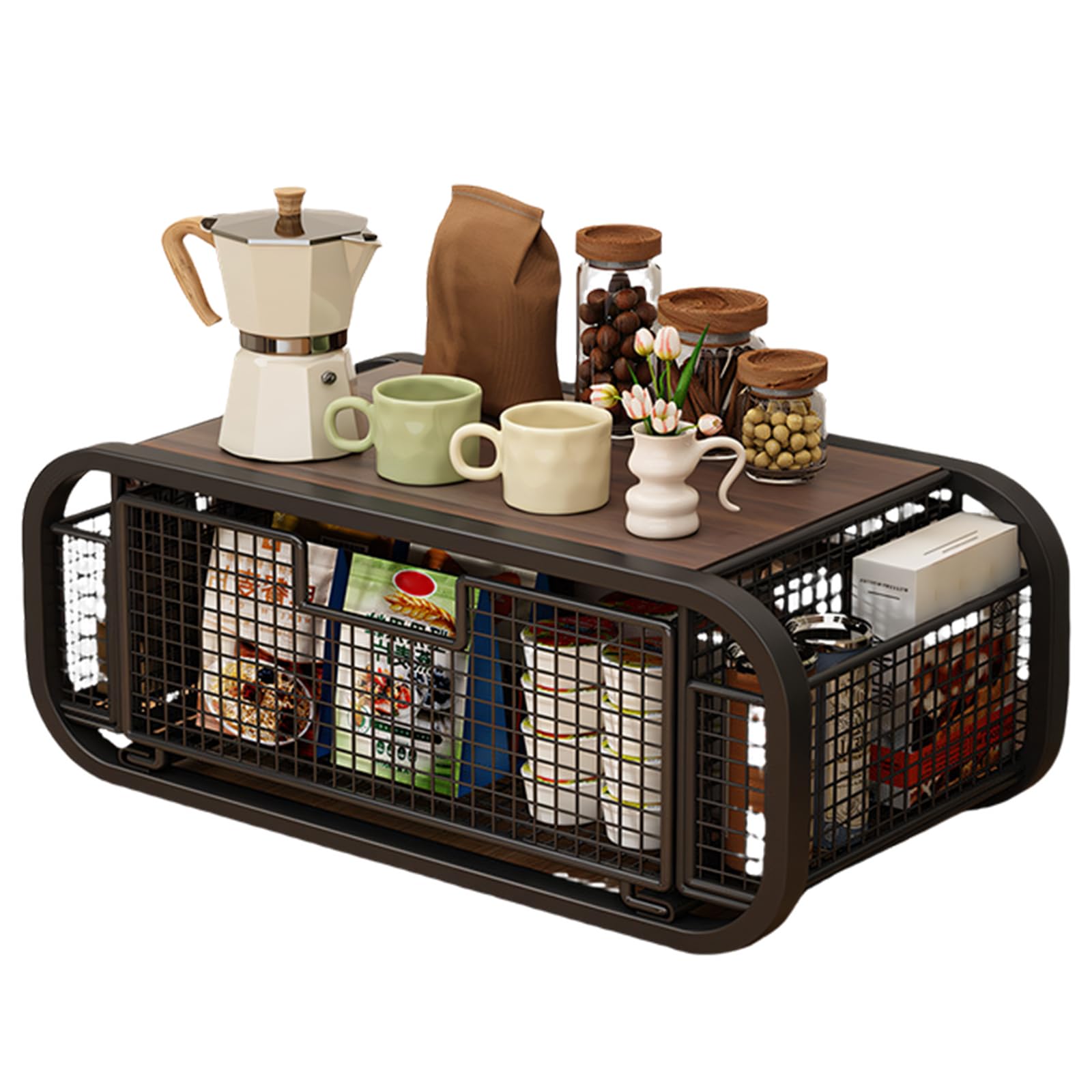 Space Efficient Wooden Rack Multi-Functional Drawer Kitchen Home Organiser Countertop Storage Rack with Drawer Organiser for Coffee Station Printer Stand