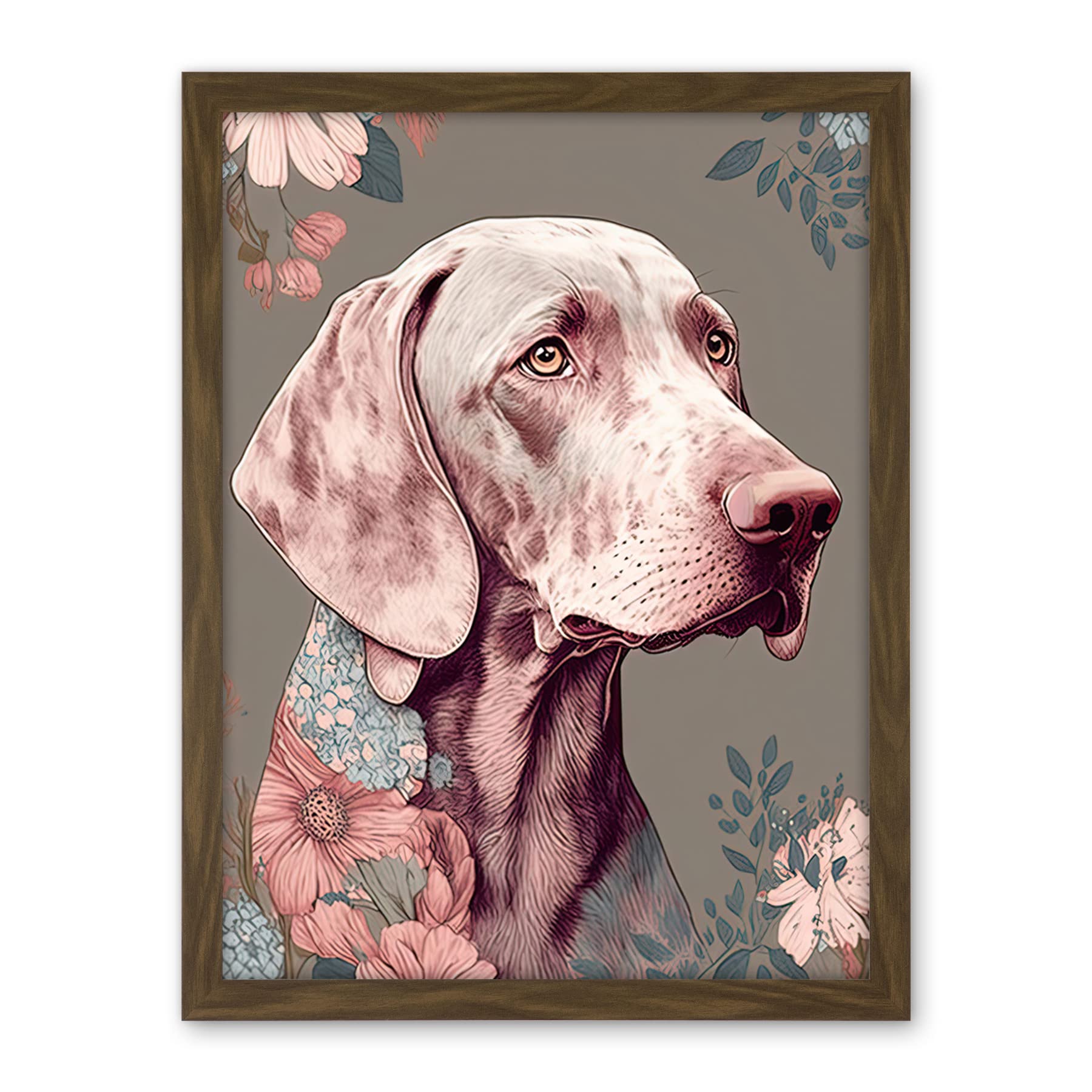Artery8 Weimaraner Dog Portrait with Flower Patterns Modern Detailed Illustration Artwork Framed Wall Art Print 18X24 Inch
