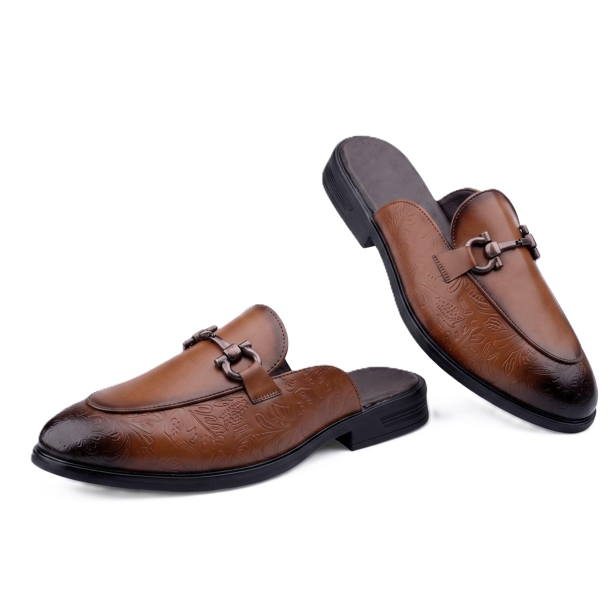 bxxy Men's Comfortable Slipon Slide Loafers | Everyday Styling Backless Casual Mules with Embossed Texture & Classic Buckle.-picture-32