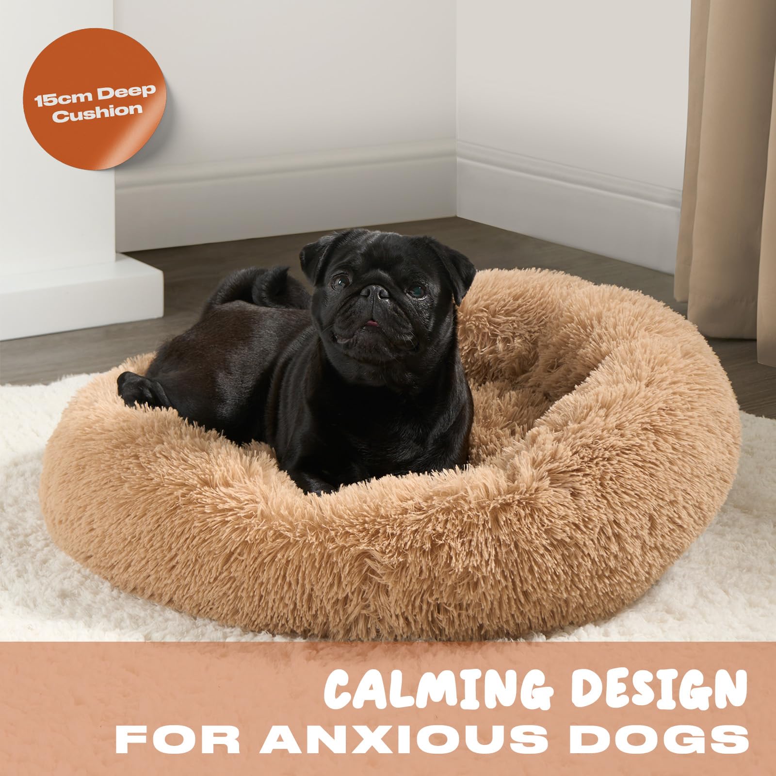 OHS Calming Donut Dog Bed Medium, Luxury Cat Bed Super Soft Plush Cosy Washable Dog Bed for Living Room Kitchen Pet Beds for Dogs Beige - Image 2