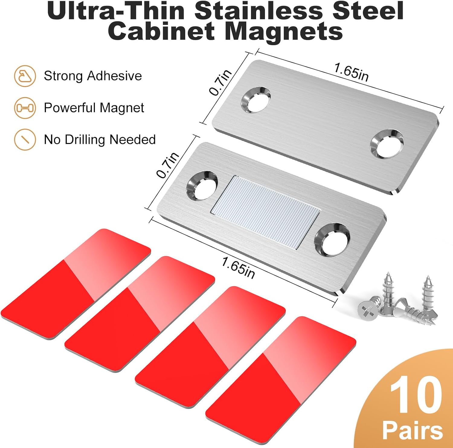 PHIXBEAR 10 Pairs Magnetic Cabinet Catches with Strong Adhesive, No-Drill Installation for Kitchen, Bathroom, Closet, Drawers & Cabinet Doors