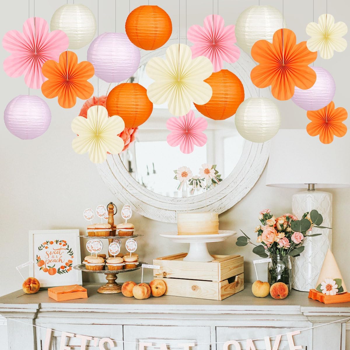 Pink and Orange Party Decorations Paper Lanterns Flower Fans for Spring Baby Shower Birthday Bridal Shower Mothers Day Classroom or Garden Party Decor Set of 18