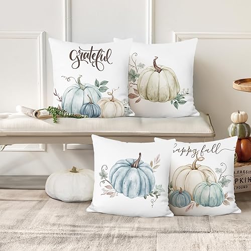 Miniatura 2 de Bonhause Juego de 4 fundas de almohada de otoño de 18 x 18 pulgadas, diseño de calabazas color beige y azul, para sofá, decoración de otoño
