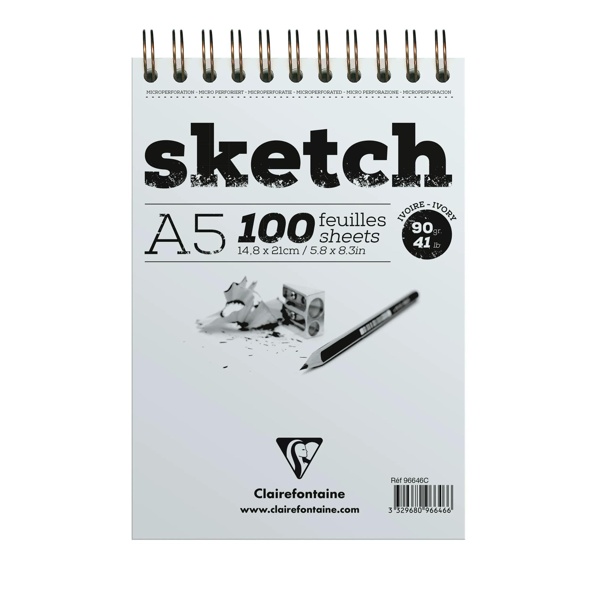 Clairefontaine - Ref 96646C - Ivory Wirebound Sketch Pad (100 Sheets) - A5 (148 x 210mm) in Size, 90gsm Paper - Suitable for Sketching with Pencil, Charcoal