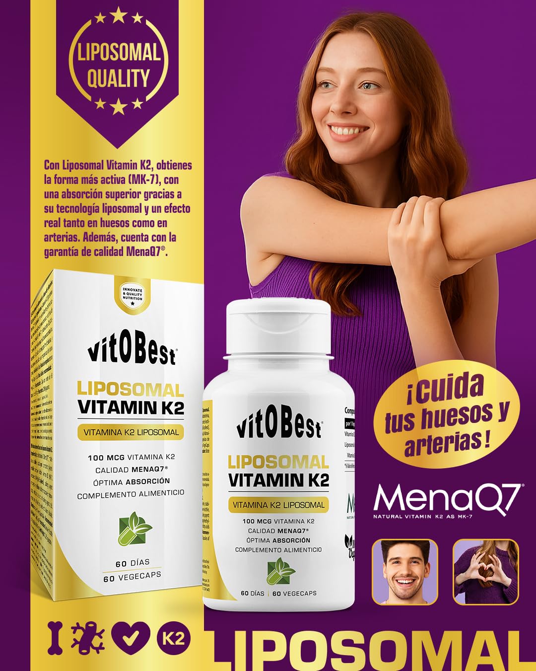 VITOBEST | Liposomal Vitamin K2 | Contribuye a la coagulación normal de la sangre y al mantenimiento de los huesos | Vitamina K2 (MK-7) liposomal 100 mcg por cápsula | 60 VegeCaps
