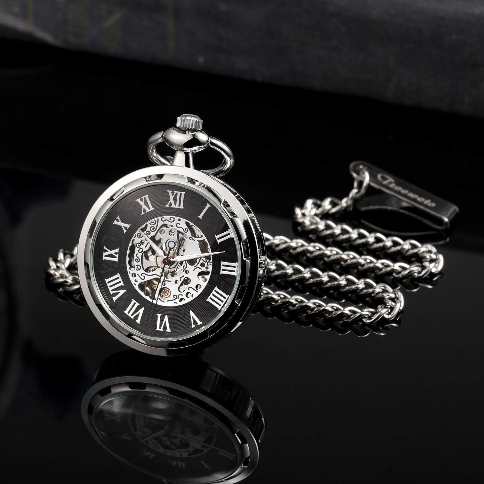 TREEWETO Taschenuhr mit Kette Herren Analog Mechanische Handaufzug Offenes Gesicht Skelett Bewegung