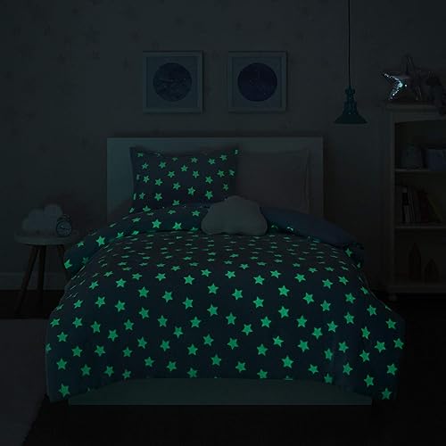 Miniatura 10 de Mi Zone Kids Juego de ropa de cama que brilla en la oscuridad, edredón de felpa suave, nube, estrellas, diseño moderno para todas las estaciones con
