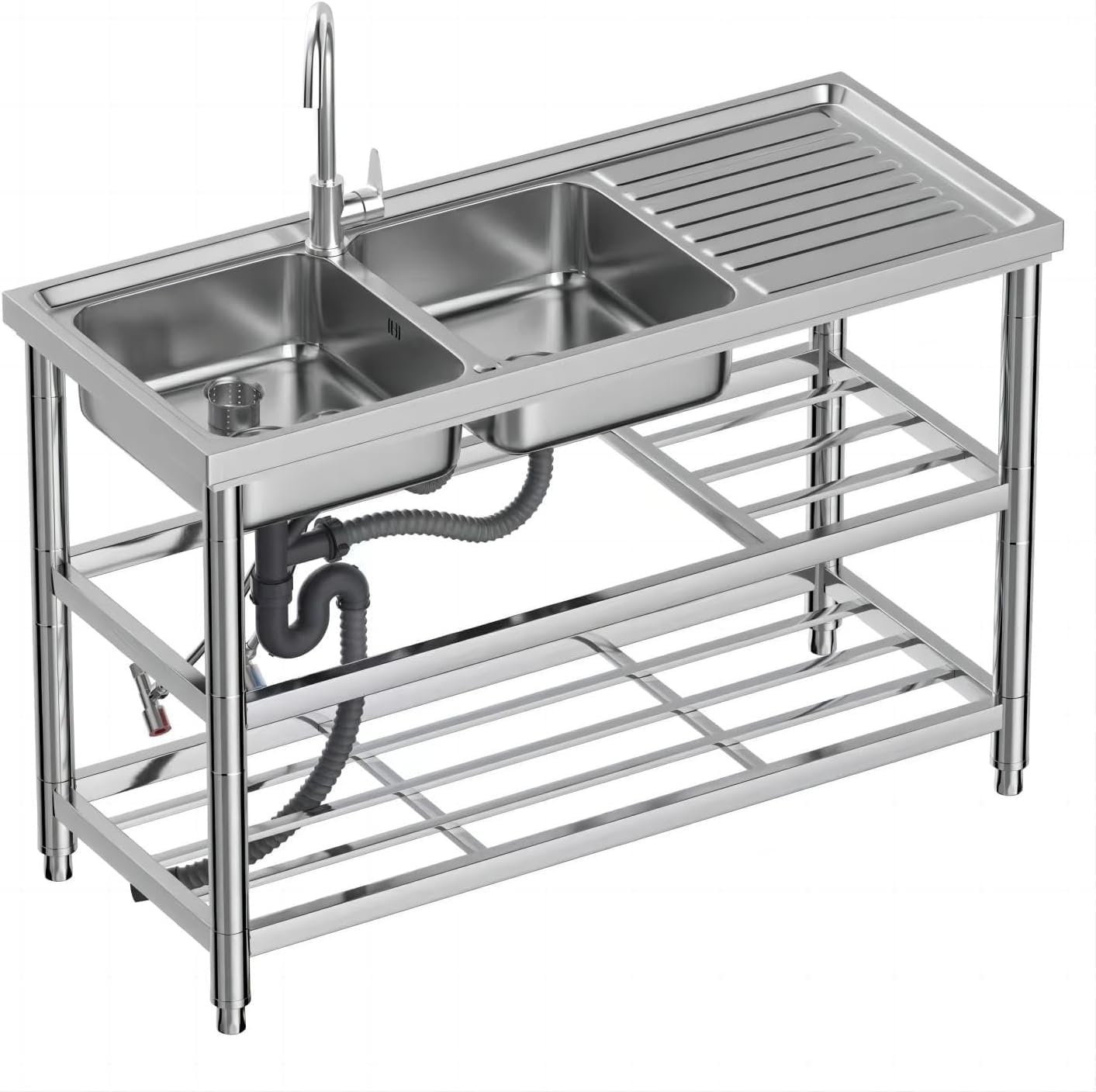 Free Standing Double Bowl Sink, Stainless Steel Utility Sink, Commercial Restaurant Kitchen Sink Set w/Cold and Hot Water Pipe & w/Workbench & Storage Shelves Indoor Outdoor (47in)