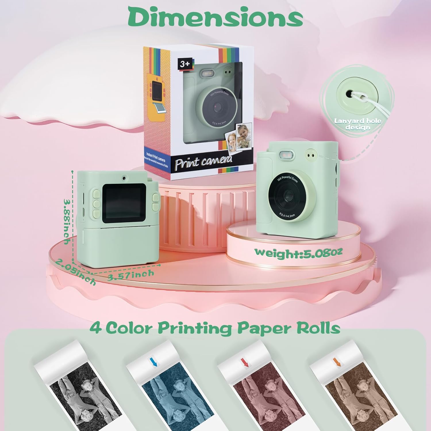 Kids Camera Instant Print, 1080P HD Dual-Lens Selfie Digital Camera with 5 Printing Paper Rolls & 32G TF Card, for Children, Portable Toddler Toy for Age 3-12 Boys & Girls (Mint Green)