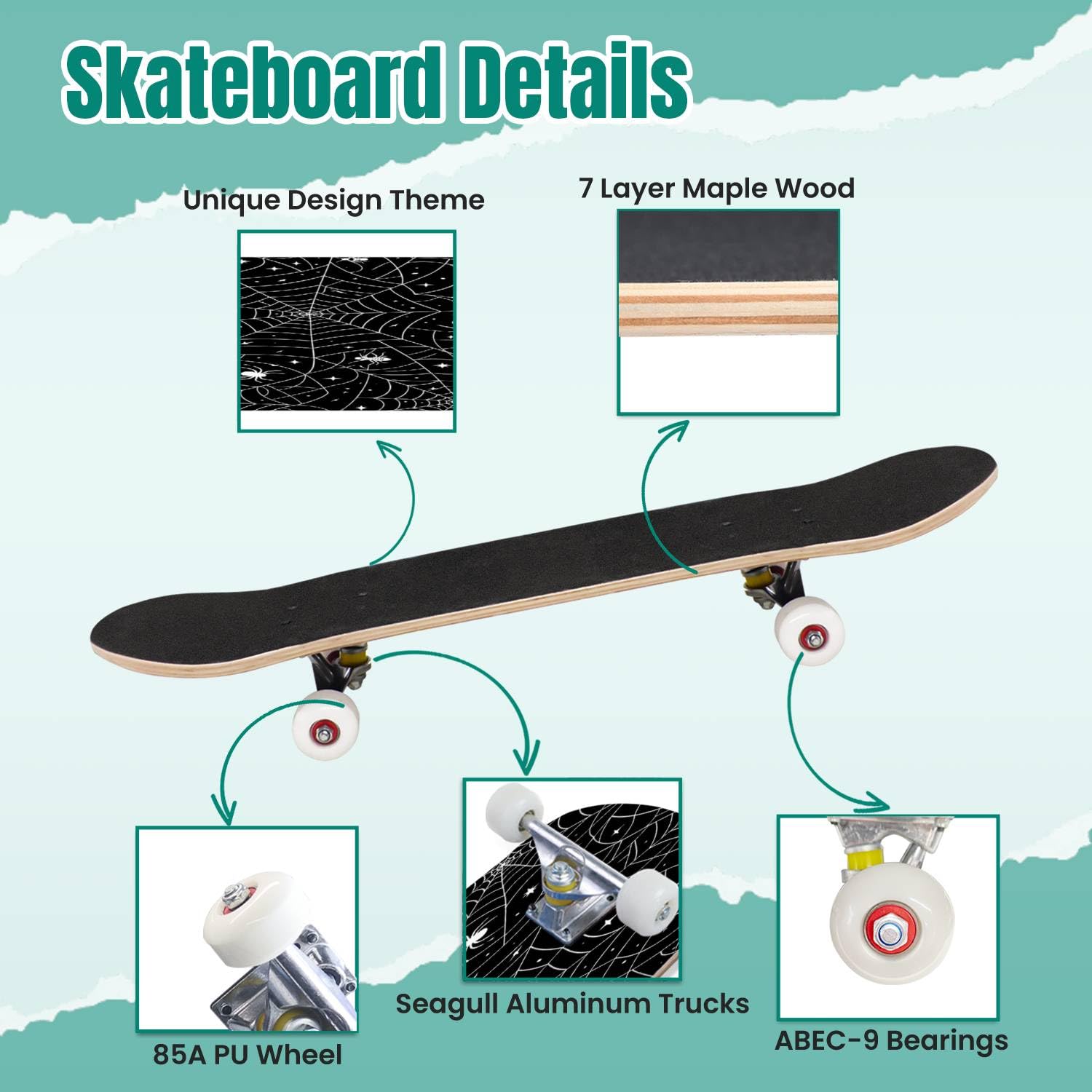 Skateboards Black Spider Web Seamless Pattern with White Spiders