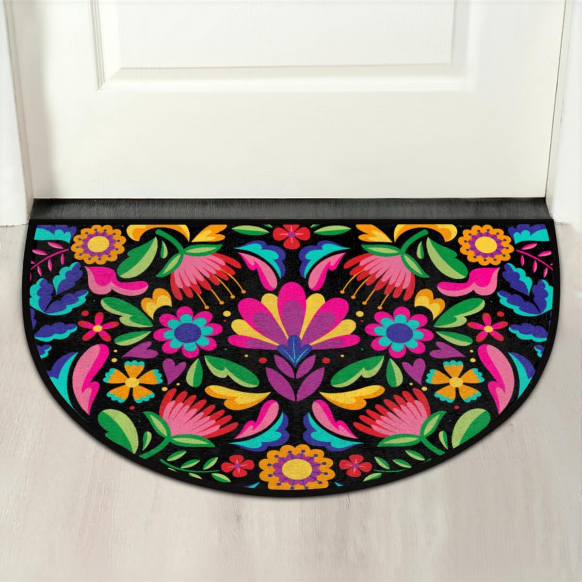 Mexican Flowers Half Round Door Mat,Indoor Entrance Rug, Semi Circular Area Rug, Kitchen Floor Mats Non Slip Absorbent Doormats,Laundry Room Rug 24"x 36"