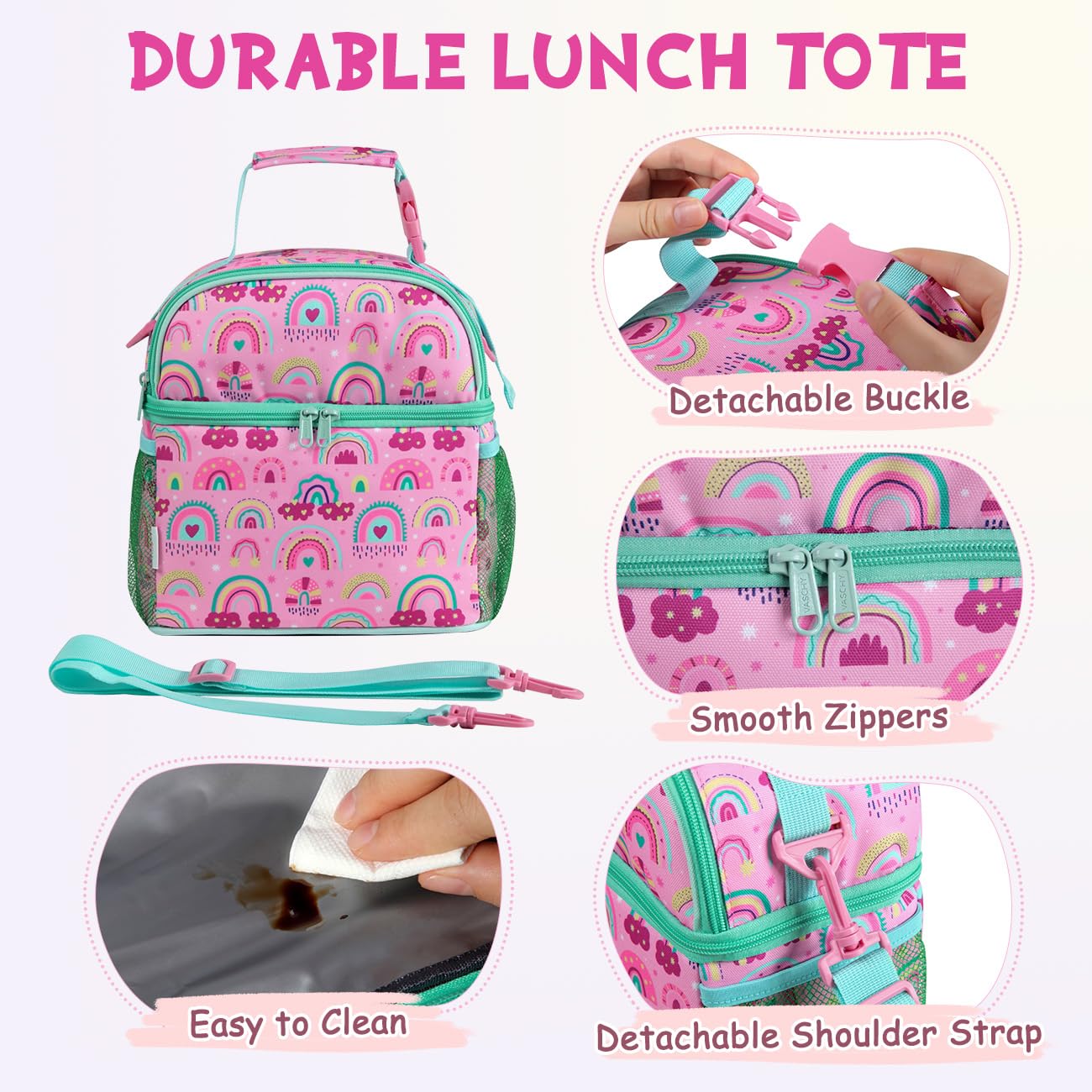 VASCHY Bolsa Térmica Infantil Doble Compartimento, 9,4 L, 25 x 14,5 x 26 cm, Nevera Portátil Porta Alimentos para Niños y Niñas con Correa Ajustable, Colegio y Guardería, Arco Iris