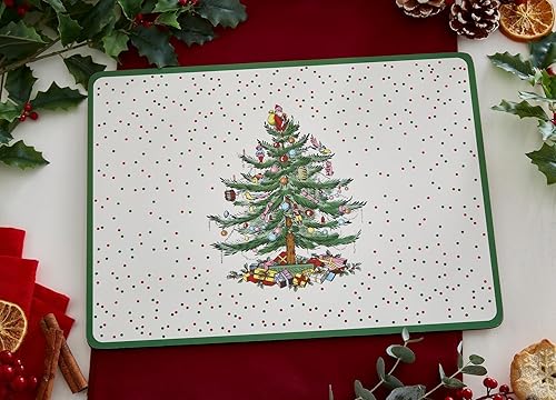 Miniatura 7 de Pimpernel Spode - Juego de 4 manteles individuales de árbol de Navidad con diseño de lunares, resistentes al calor, tablero con respaldo de corcho,