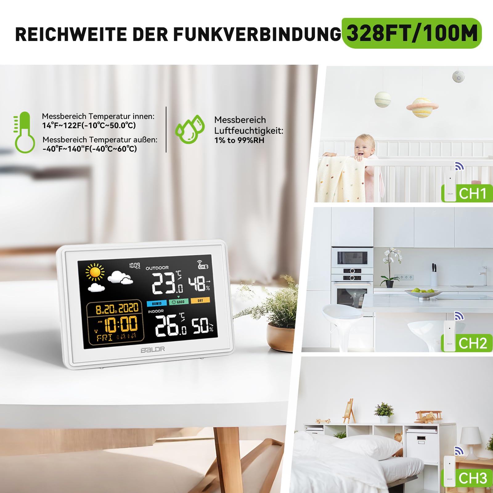 Konsen Wetterstation funk mit Außensensor DCF Funkuhr, Farbdisplay mit großen Zahlen von Innen und Außentemperatur, dauerhafte Beleuchtung, Wettervorhersage, Luftdurckanzeige