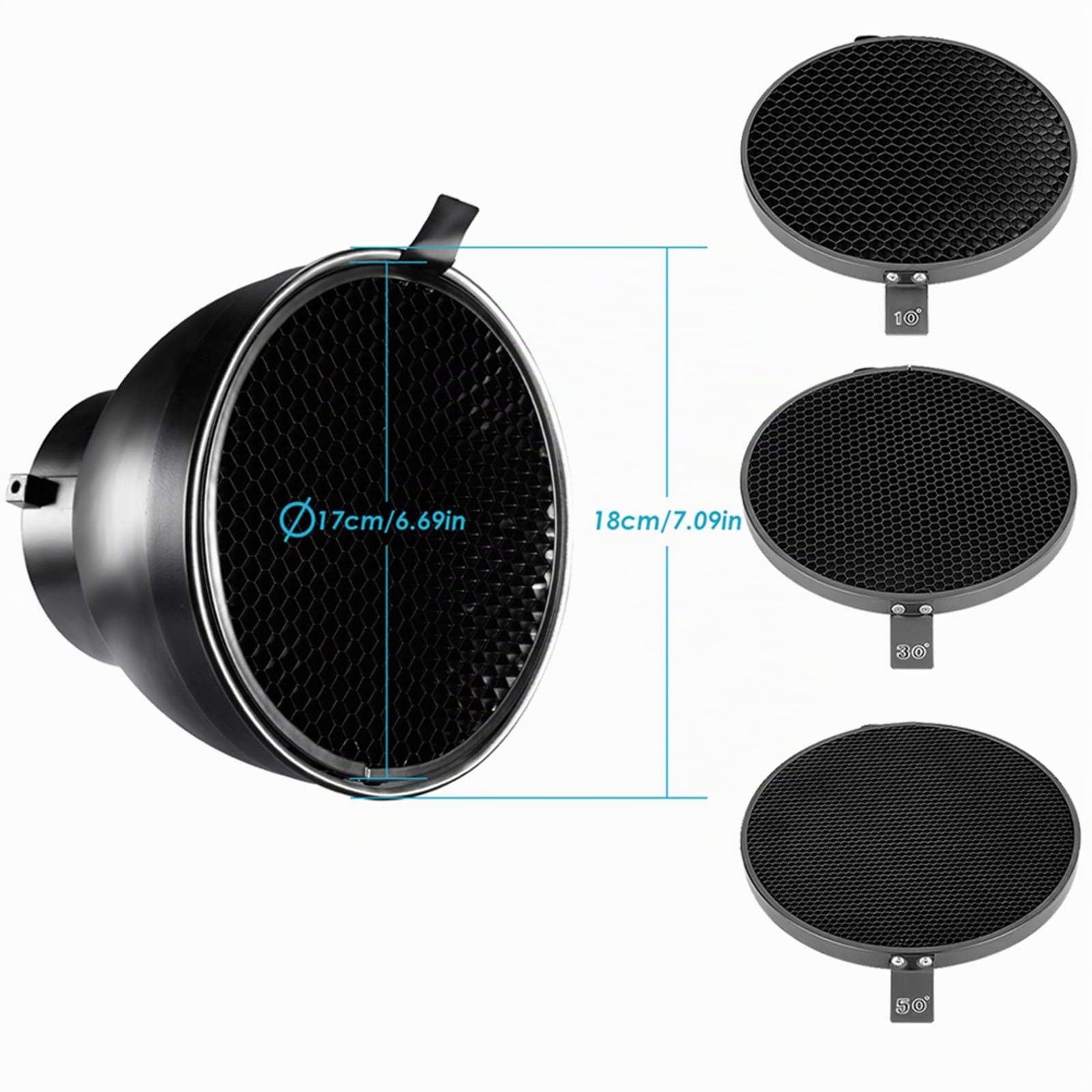 NEEWER 7Zoll/18cm Standard Reflektor Diffusor mit 10/30/50 Grad Wabengitter für Bowens Mount Studiolicht Stroboskopblitz