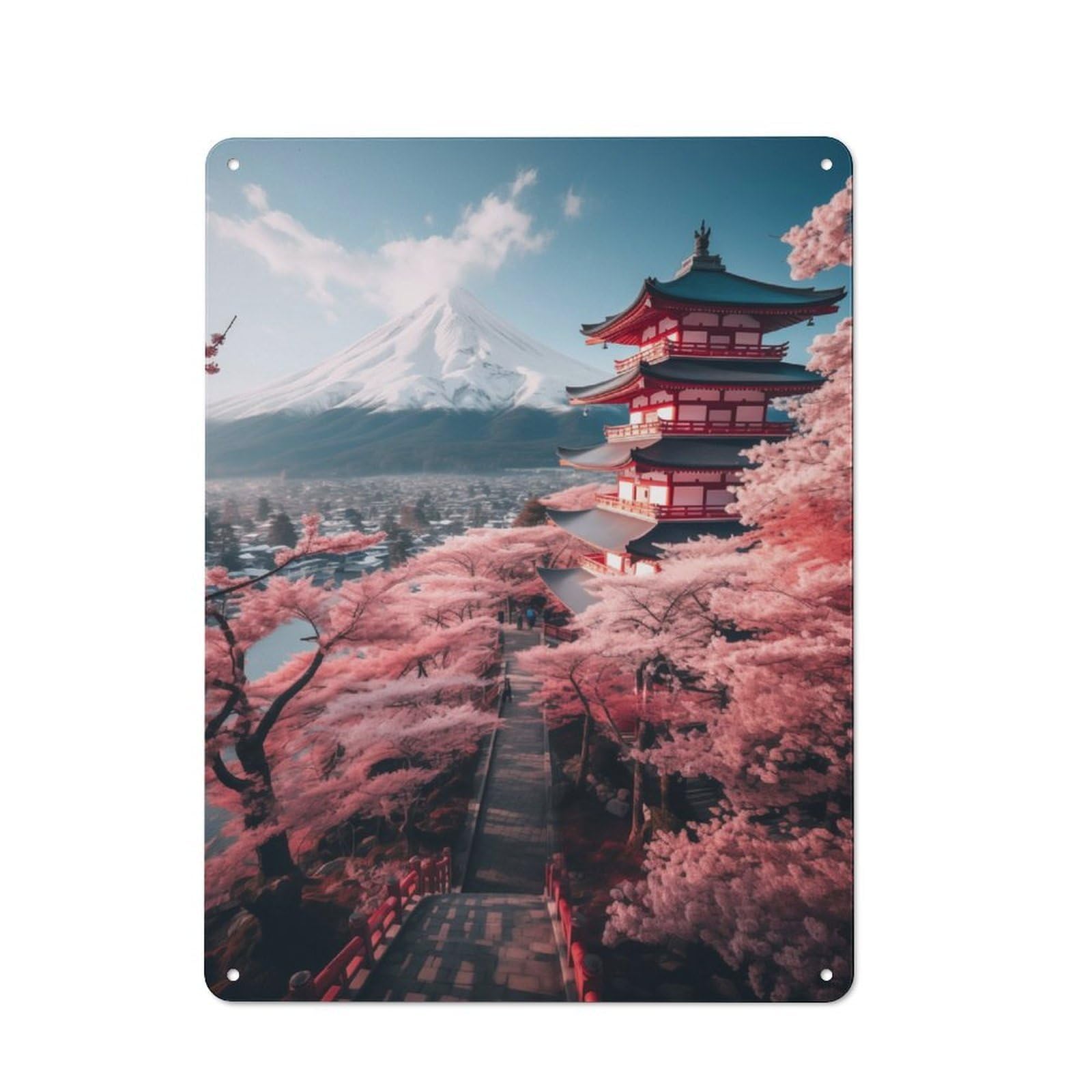 Junmoney Japans Sakura And Temple Retro Tin Sign 40X30cm Featuring For Bar Or Restaurant, For Metal Sign Collectors, For Garage And Workshop Walls