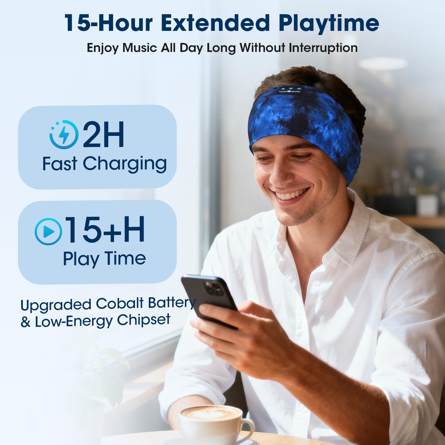 Woman talking on the phone while wearing LC-dolida Bluetooth Headphones, with a thought bubble showing a conversation.