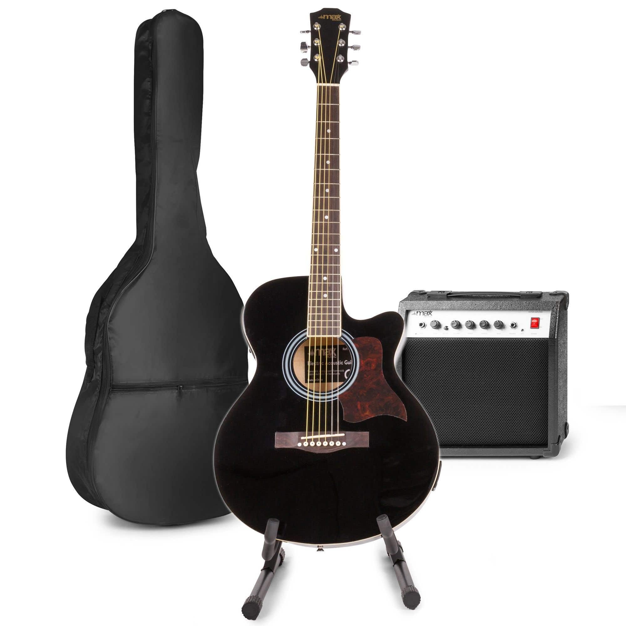 MAX ShowKit Set de Guitare Électrique Acoustique avec Support de Guitare - Noir, Idéal pour Débuter la Guitare