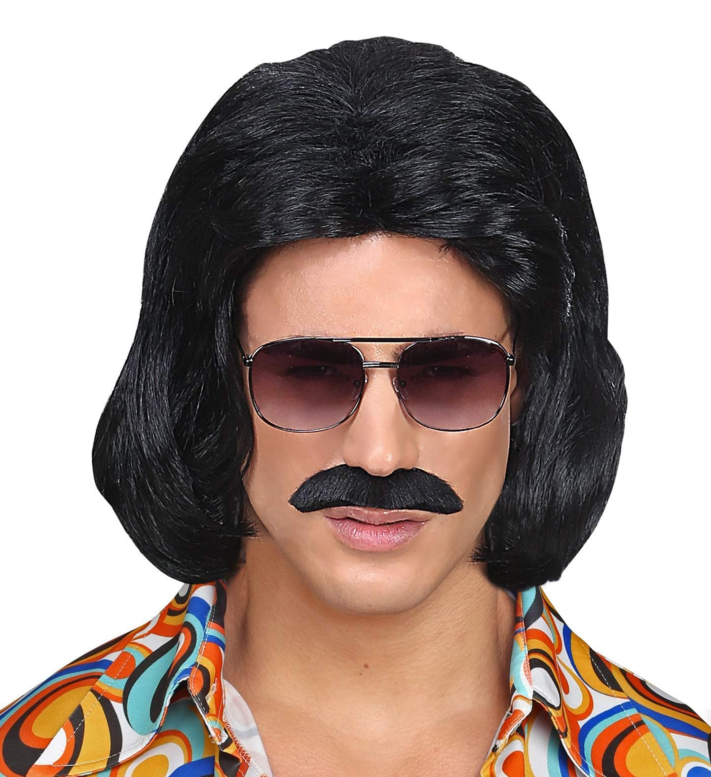 "BLACK 70s DANDY WIG & MOUSTACHE" in box -