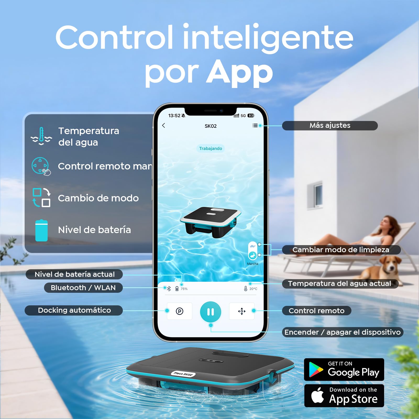 SK02 Robot Limpiafondos Piscina, Skimmer de Piscina Solar con Control App,Carga Dual, Sensor de Temperatura, Limpiador de Piscina Skimmer Automático 24/7
