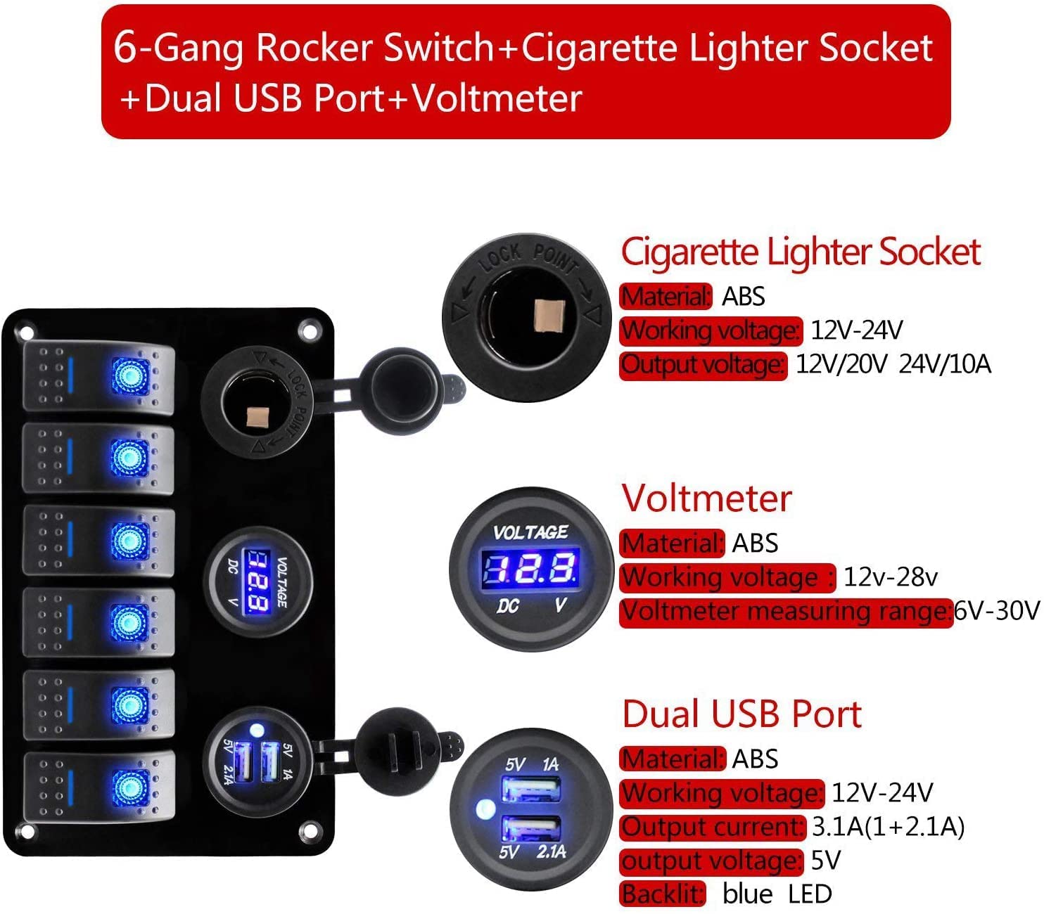 Panel de interruptor basculante para barco impermeable con pantalla de voltaje digital, puertos USB duales, fusible y luz LED para coche, camión, caravana, vehículos, yate(6 bandas, azul)