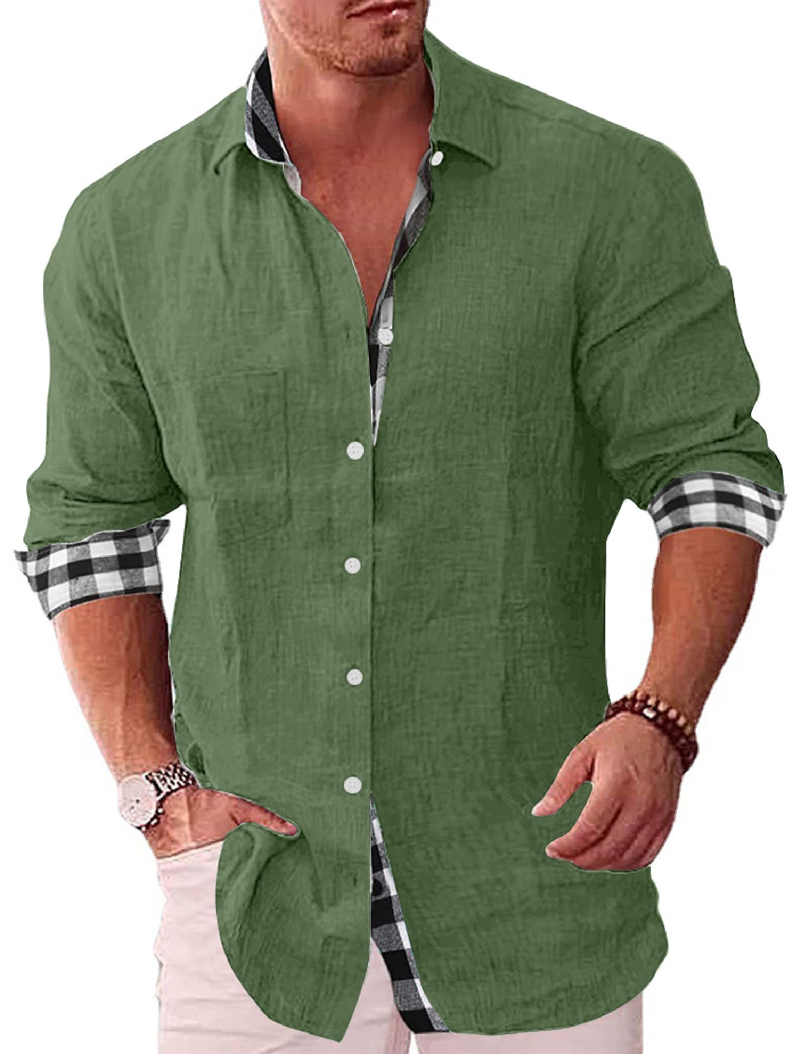Elainone Hombres Camisa de Manga Larga Lino Algodón Casual Suelta, Mens Long Sleeve Cotton Linen Shirts Loose Fit