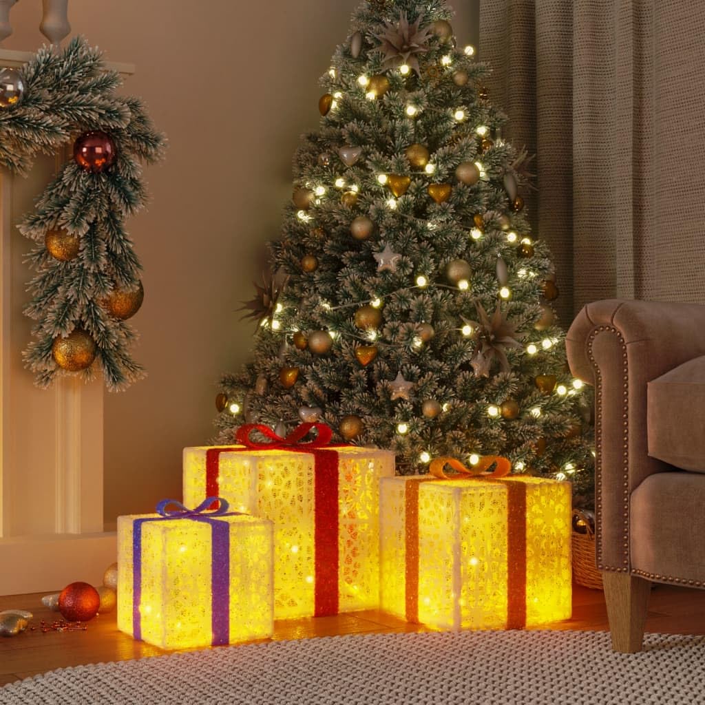 Homgoday Boże Narodzenie podświetlane pudełka na prezenty 3 szt. 64 diody LED ciepłe białe lampki świąteczne