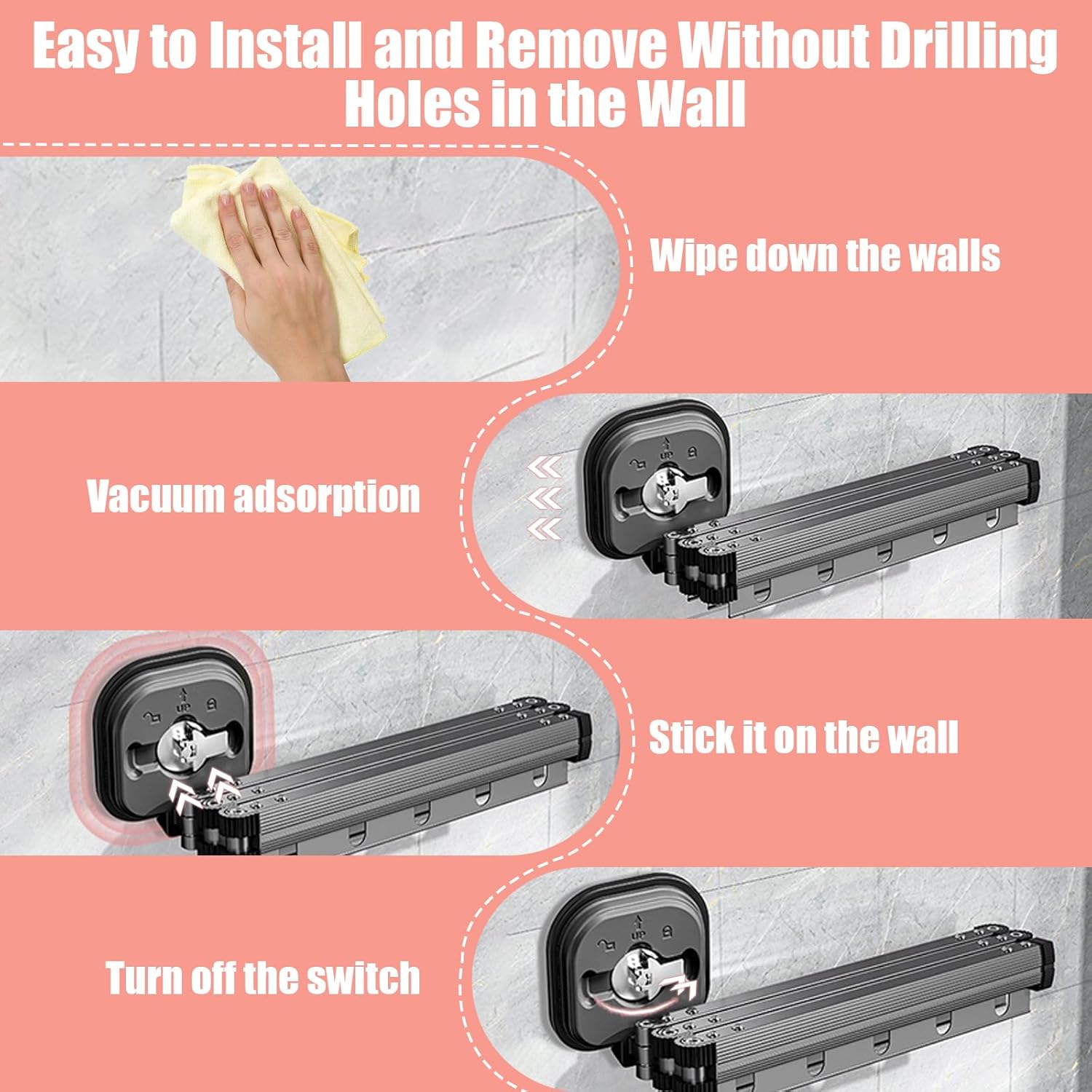 Clothes Drying Rack, Laundry Drying Rack, Wall Mounted Drying Rack, Collapsible Hanging Organize, Suction Cup Retractable Drying Rack Clothing for Balcony Laundry Bathroom (L), Large, Gray