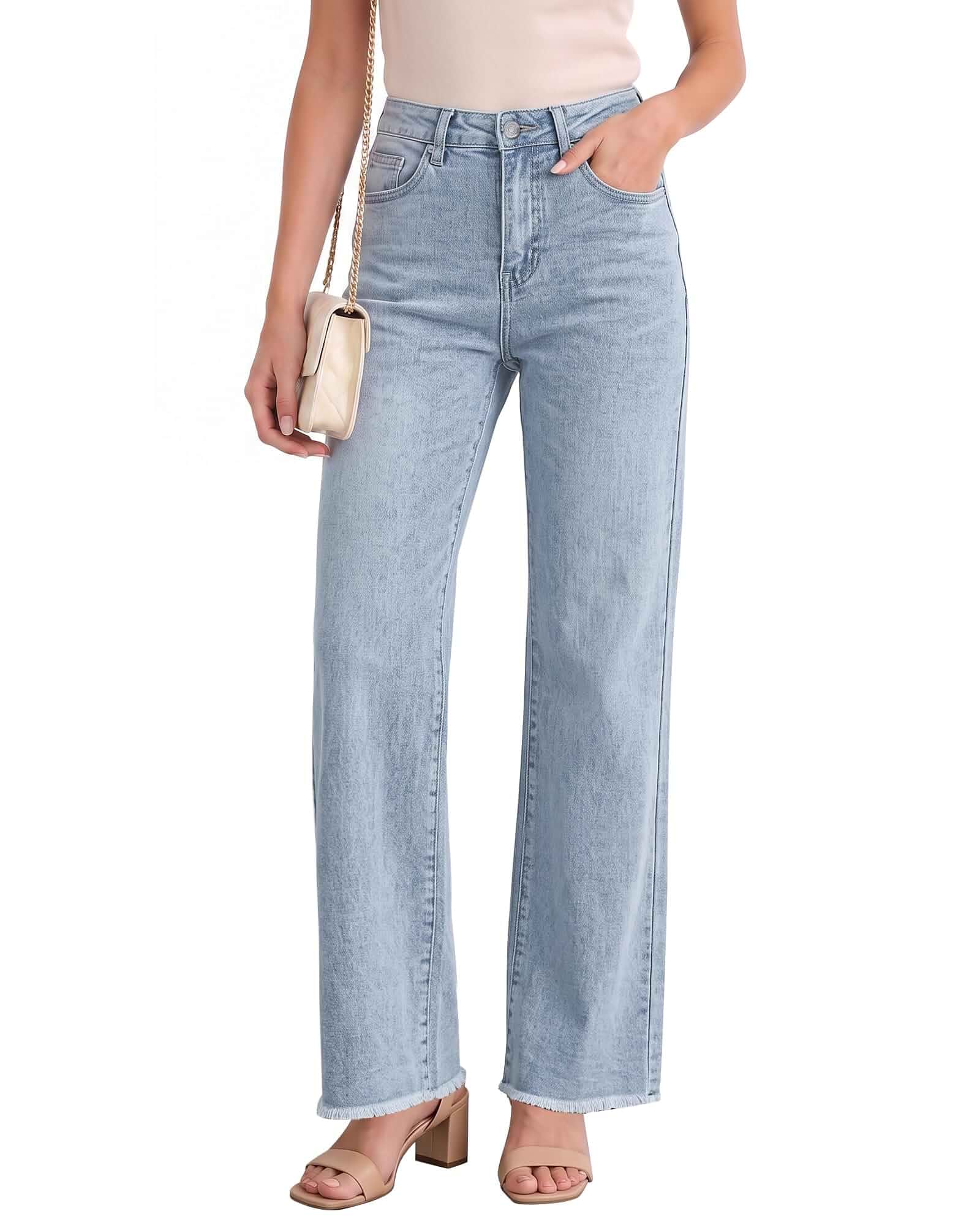 LookbookStore Wide Leg Jeans for Women Trendy High Waisted Straight Leg Frayed Hem Baggy Stretchy Denim Trousers Pants Jeans · Standard