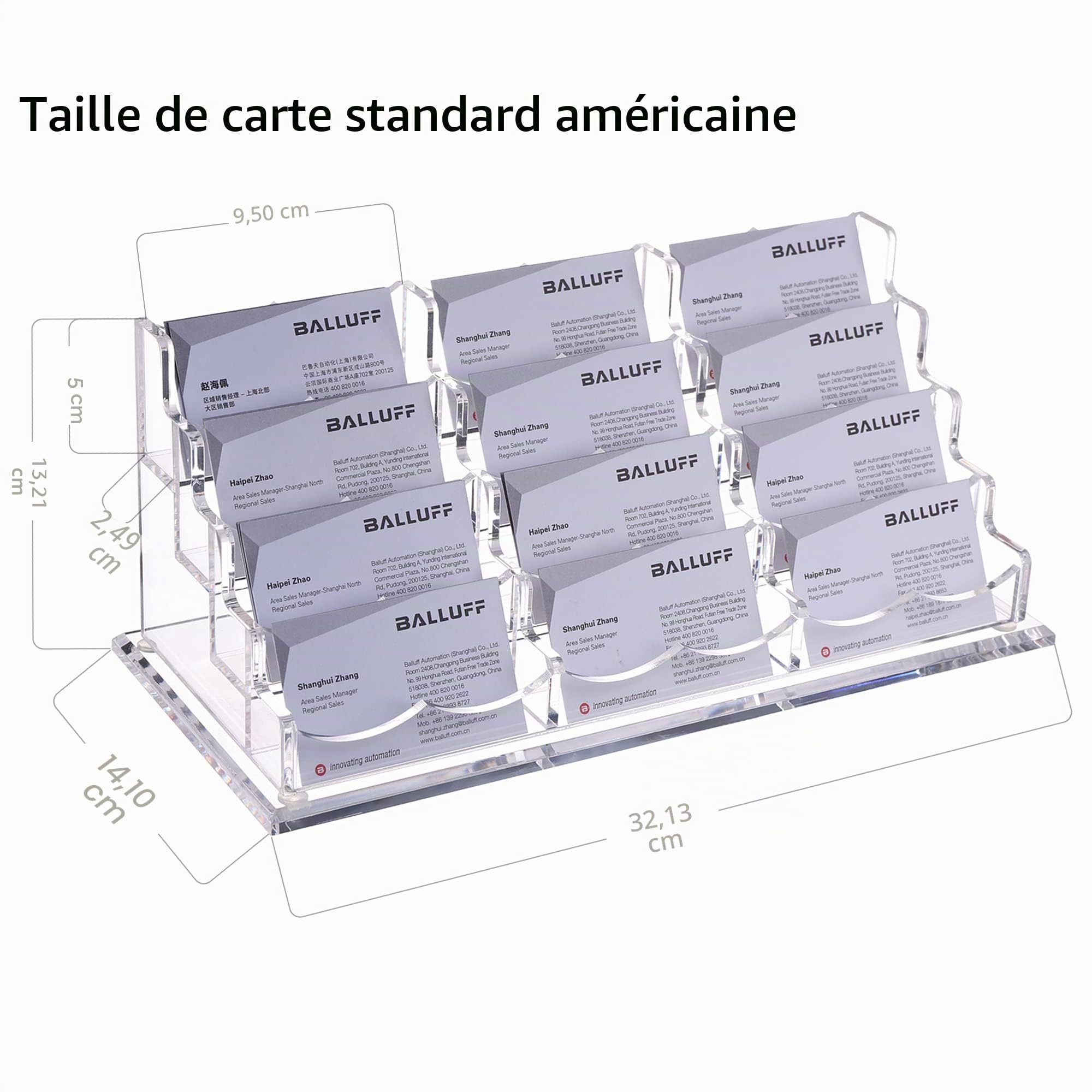 HeZone Porte-cartes de visite pour bureau, 12 emplacements sur 4 niveaux, en acrylique transparent, peut contenir environ 600 cartes