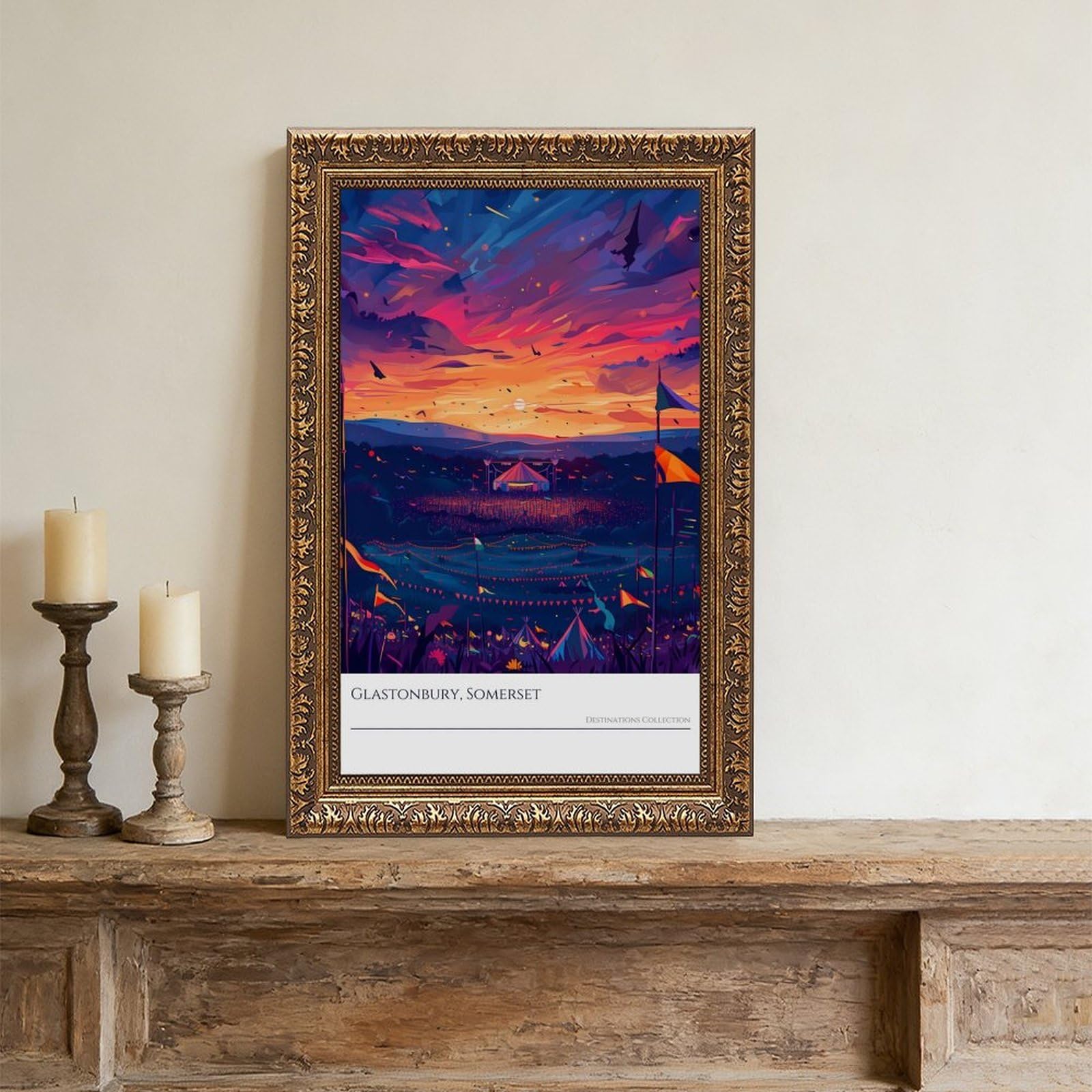 Mnyuein Glastonbury Sunset Poster vibrante festival stampa artistica su tela poster decorazione camera da letto sport paesaggio ufficio camera decorazione regalo retrò cornice oro 40,6 cm L x 61 cm W