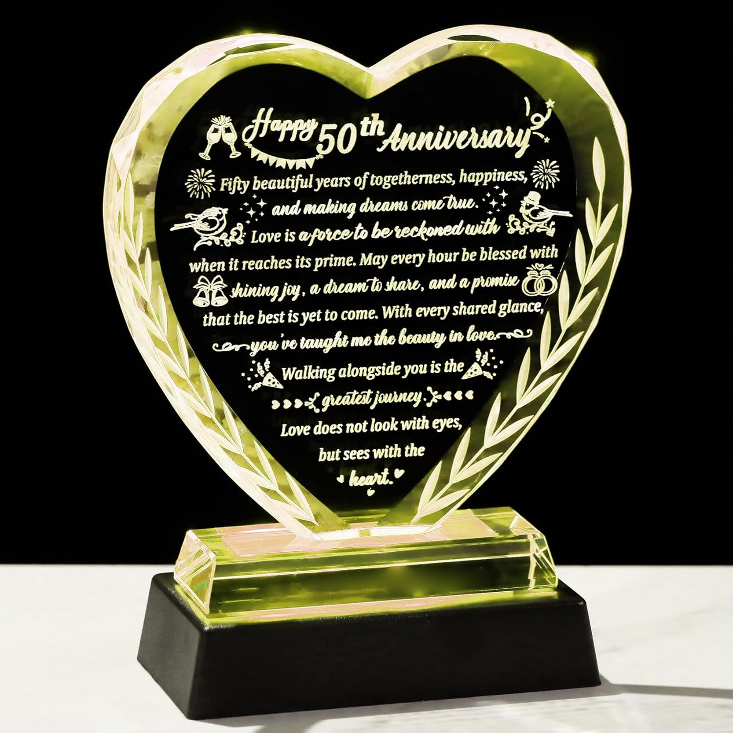 15th Wedding Anniversary Crystal Gifts for Couples, Romantic Heart Happy Crystal Anniversary Keepsake Gift for Wife Husband with LED Light Base, 15 Years of Marriage for Her Him Party Decor