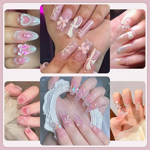 Miniatura 5 de 150 dijes de uñas 3D con diseño de mariposa, arco, estrella, corazón, oso, joyas brillantes con flores 3D y perlas planas, más de 400 bonitos dijes