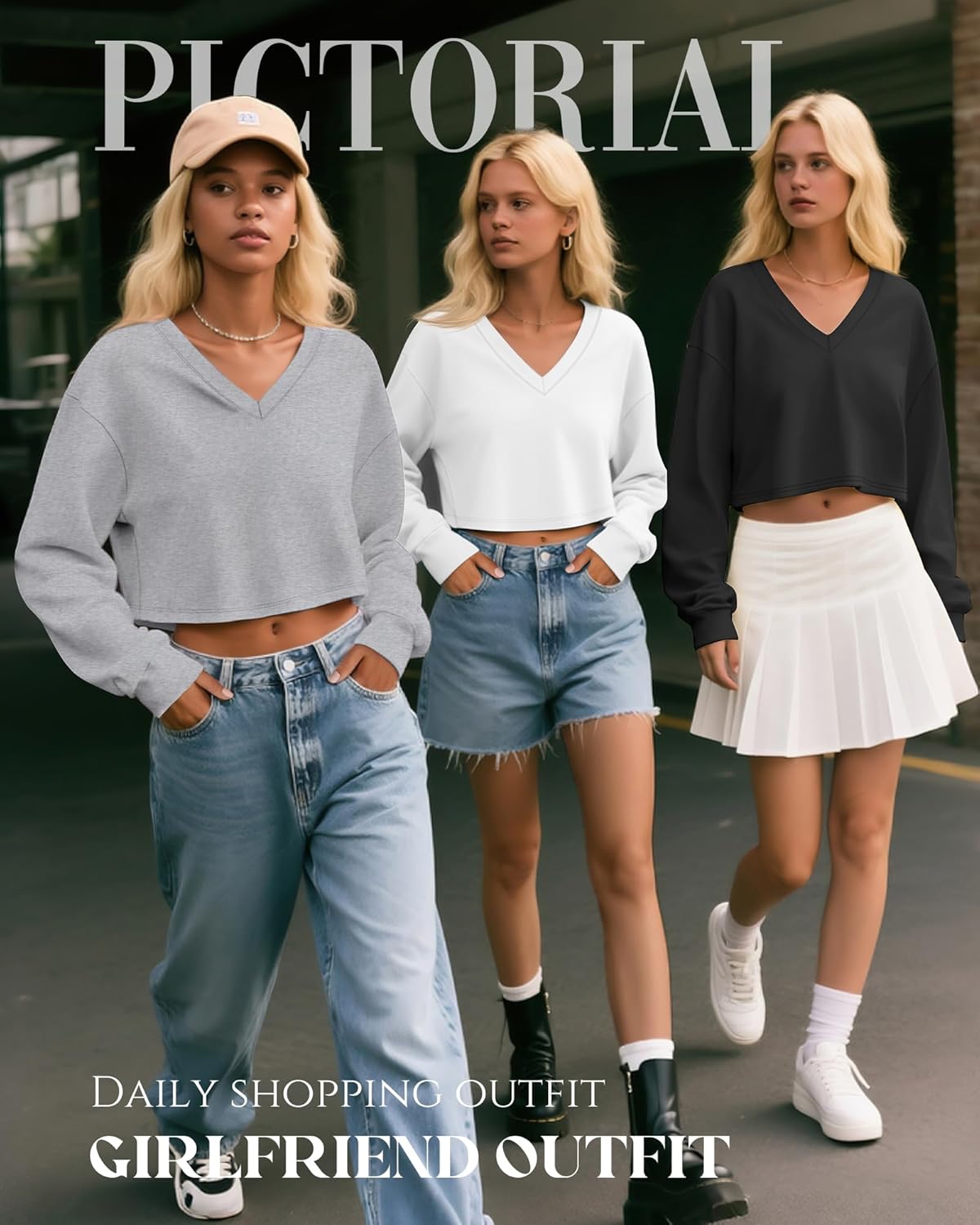 Ficerd 3 Pack Women's Crop Long Sleeve Tops V Neck Loose Cropped T Shirts Drop Shoulder Casual Basic Fall Winter Boxy Tees - Image 6