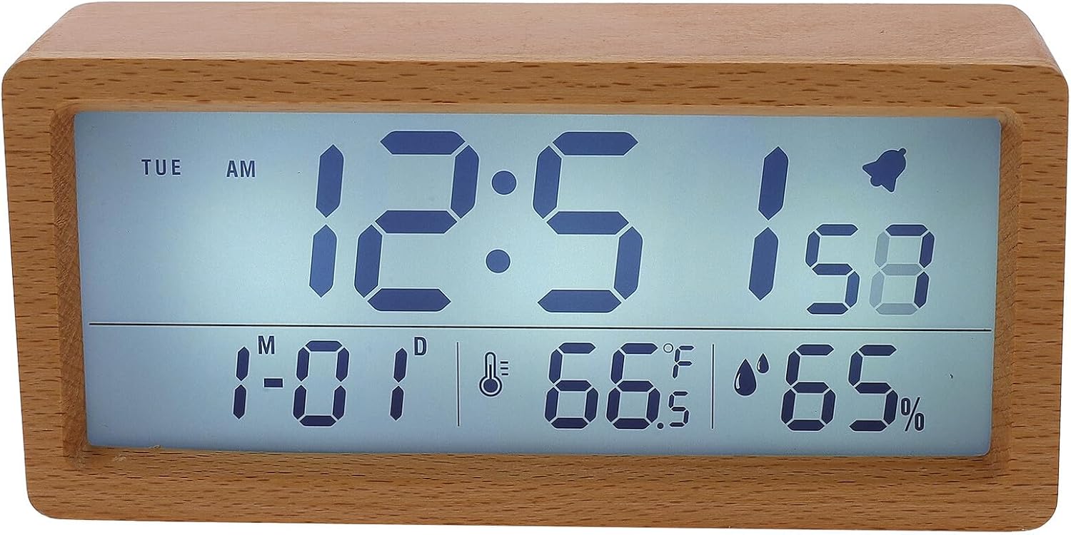 Creative Wooden Alarm Clock with Large HD Screen Mute Perpetual Calendar Temperature Display Night Light Desk Clock for Bedroom Office Home Lightweight Portable Design