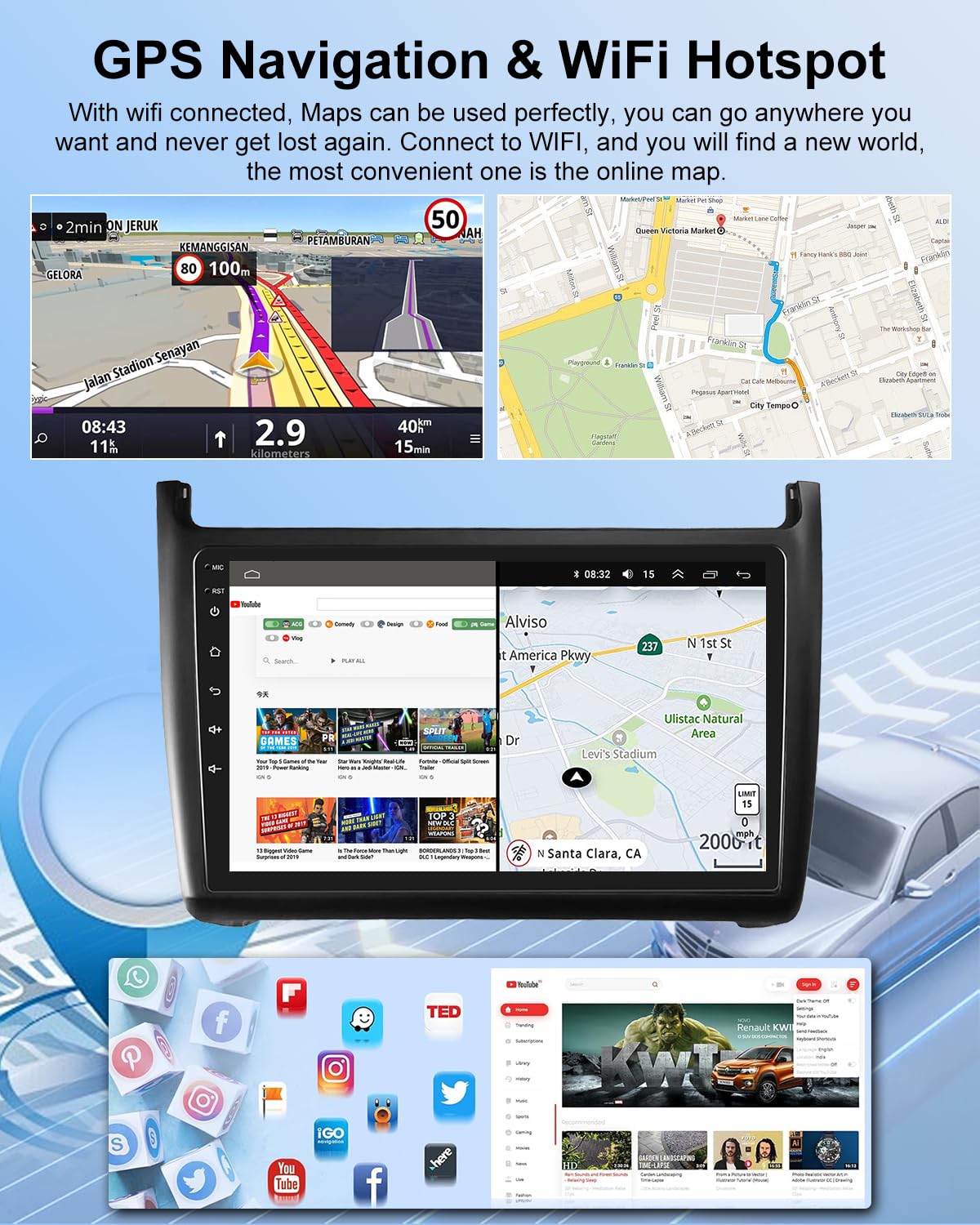 NHOPEEW 2G+64G Android Autoradio per VW Polo 6R 2009-2017 - Senza fili Carplay e Android Auto - 9 pollici Android Stereo con WiFi EQ GPS Mirror Link FM RDS + AHD Telecamera posteriore&Mic