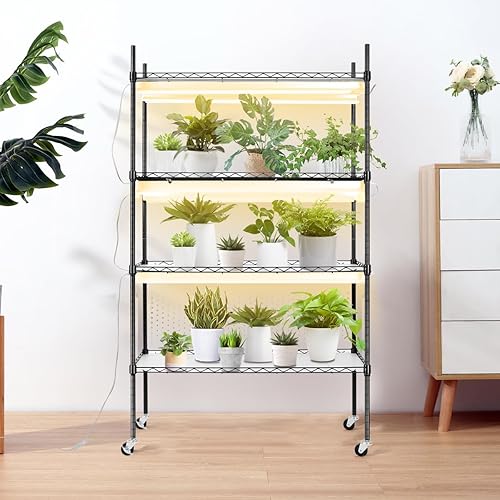 Miniatura 9 de BreeRainz Estante para plantas con luces de crecimiento, soporte de metal de 4 niveles con capacidad de 90 libras para cada estante, longitud de