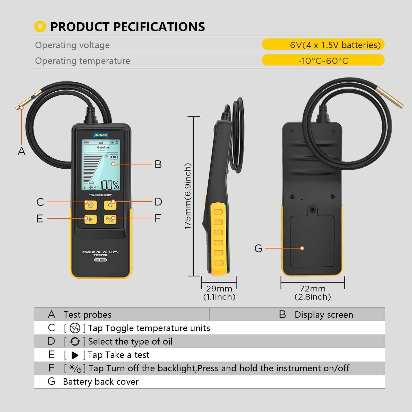 Tester Liquido Freni Digitale AS503 con Schermo LCD 2,8" e Sonda ad Alta Precisione