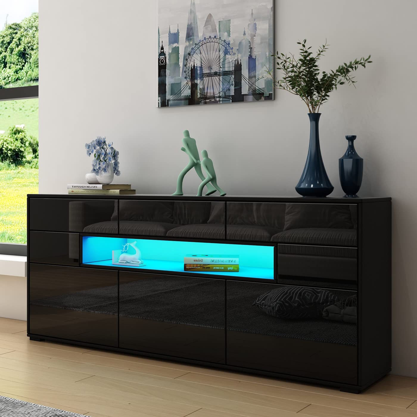 Wohnzimmer Kommode Sideboard Schwarz 160cm Mit LED Beleuchtung | Hochglanz TV Lowboard Mit 2 Türen & 3 Schubladen Tv Sideboards Schwarz