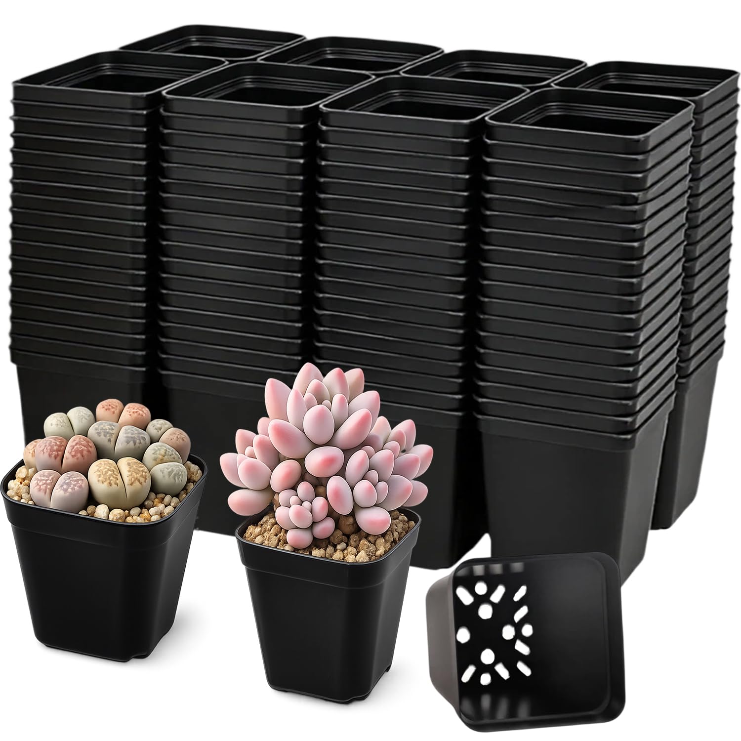 Lot de 300 pots de fleurs carrés en plastique avec trous de drainage, 7,1 cm, noir