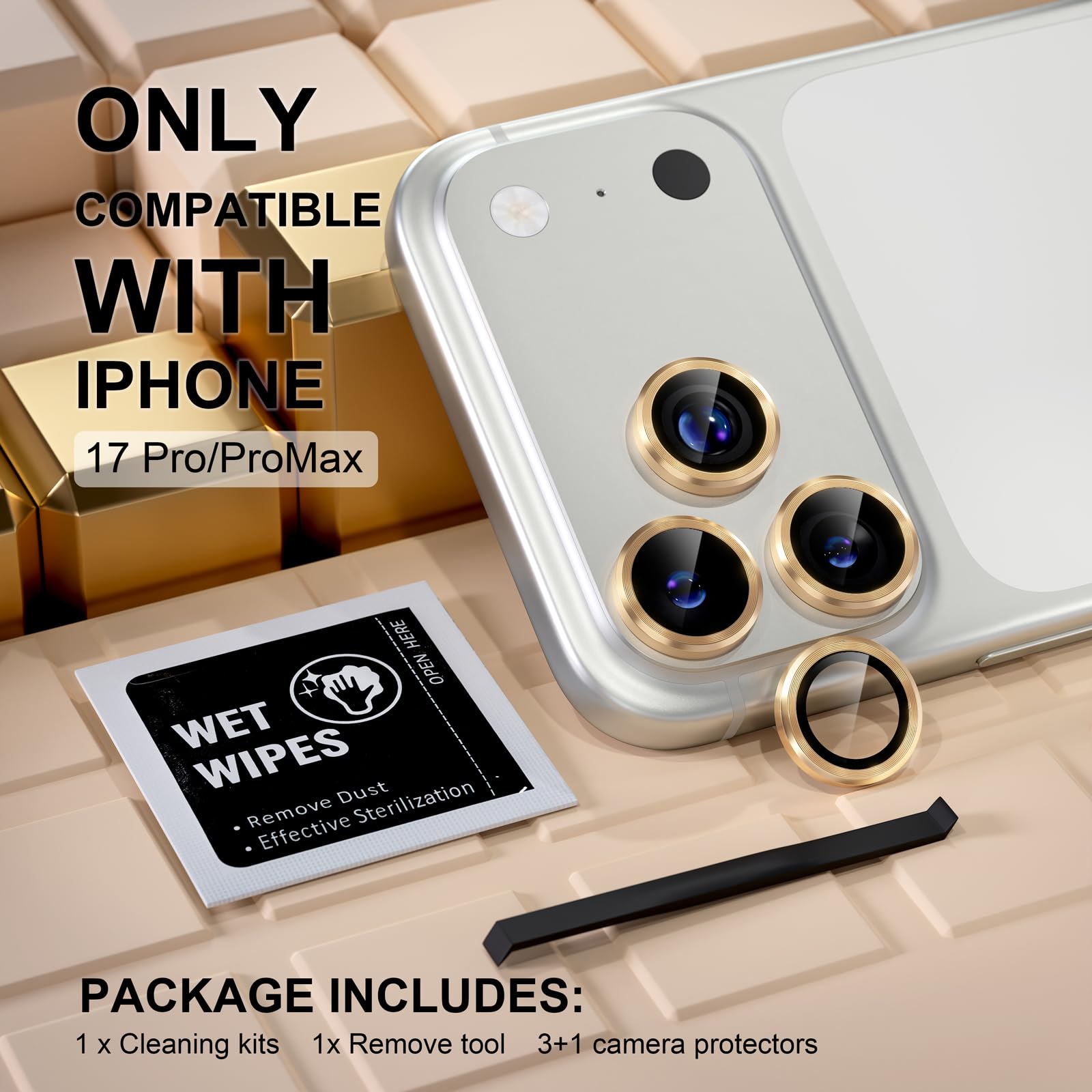 Misea Protector de lente de cámara compatible con iPhone 17 Pro/iPhone 17 Pro Max, protector de pantalla de vidrio templado Ultra-HD, protector de pantalla de anillo individual de metal, accesorios de