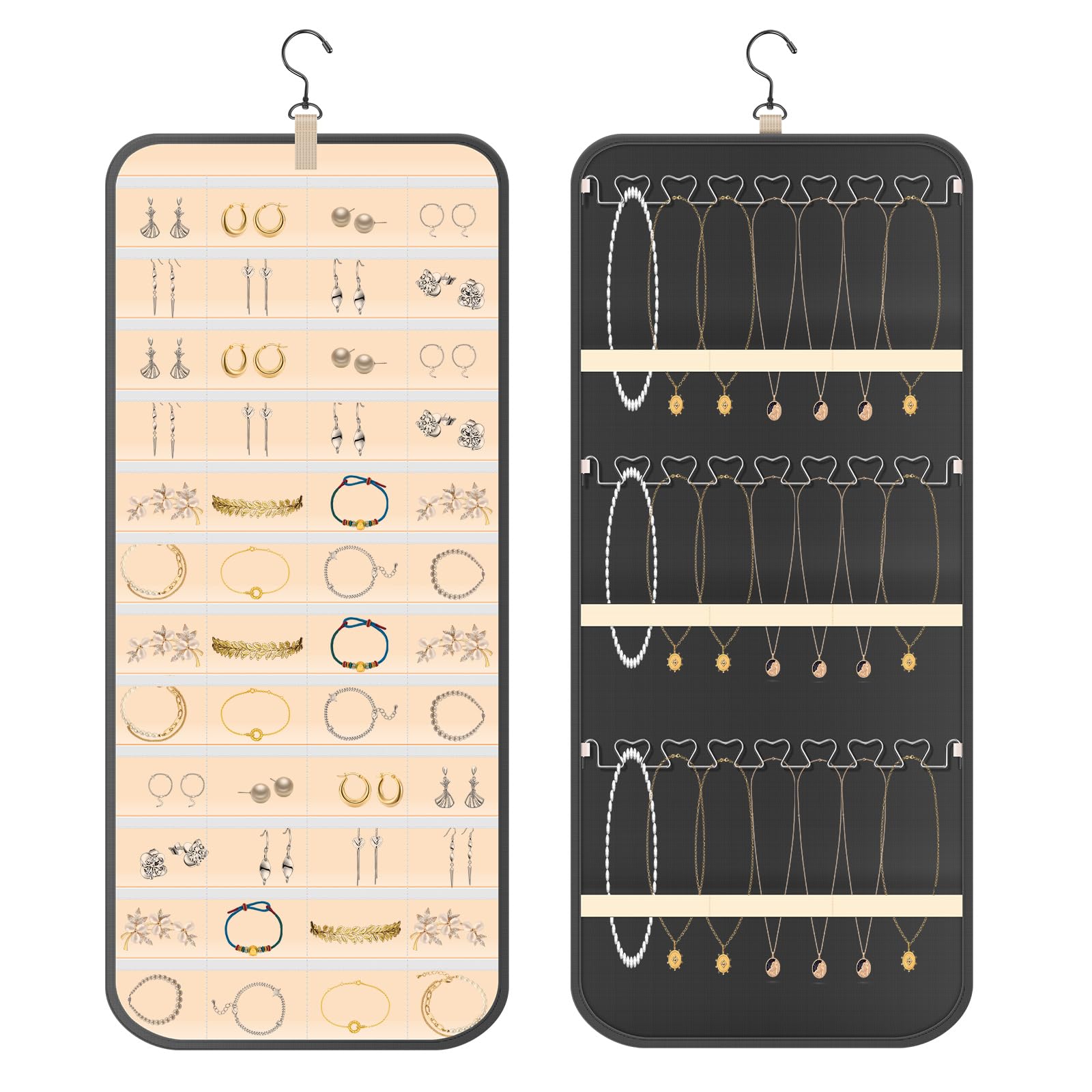 Zhjiutak Dual-sided Hanging Jewellery Organiser,Oxford Cloth Wardrobe Jewellery Storage with 48 Pockets and 3 Wave-Shaped Hooks,Rotating Jewelry Holder with Hanger for Ring Earring Bracelet Necklace