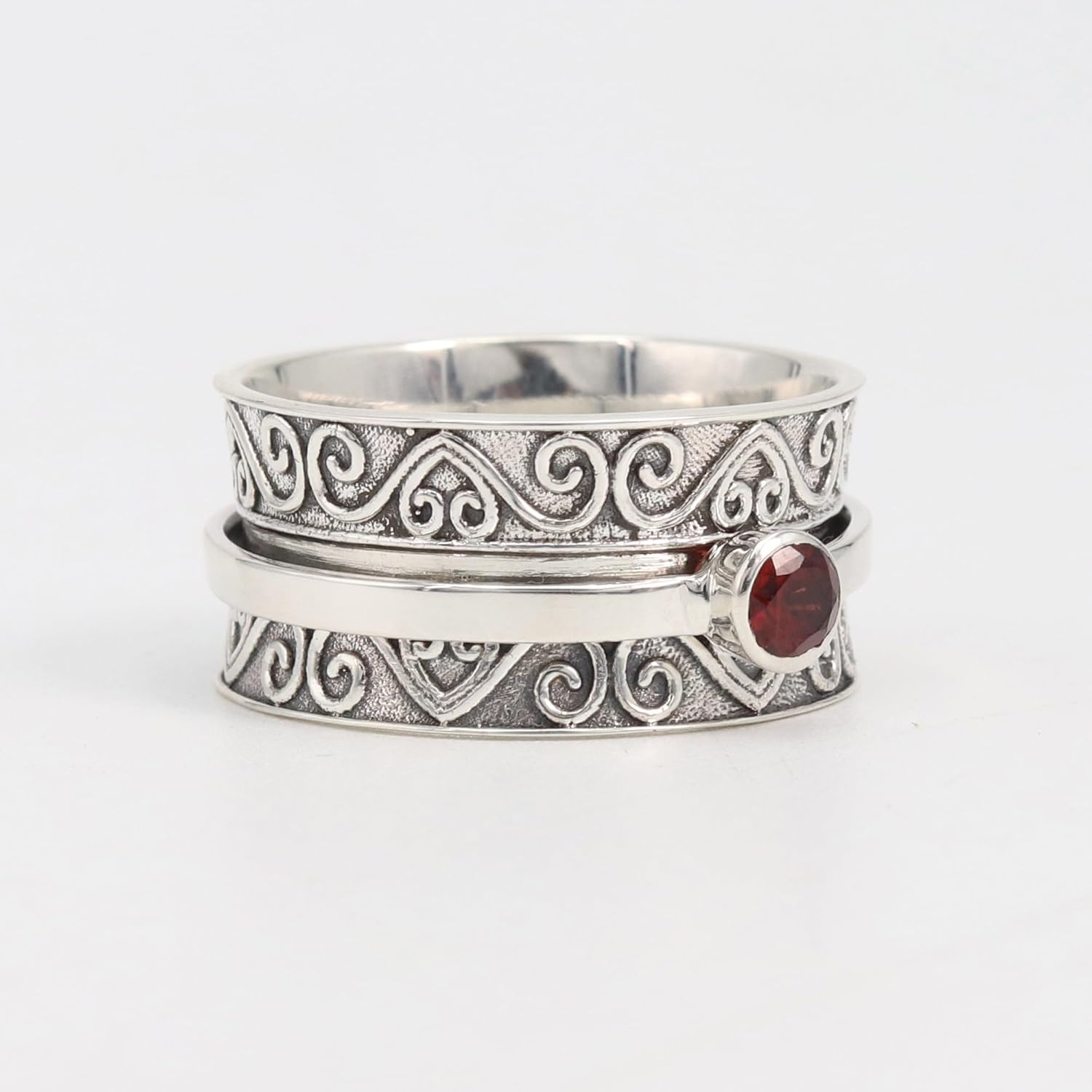 Garnet Spinner Ring – 925 Sterling Silver Handmade Fidget Ring for Women, Stress Relief Jewelry