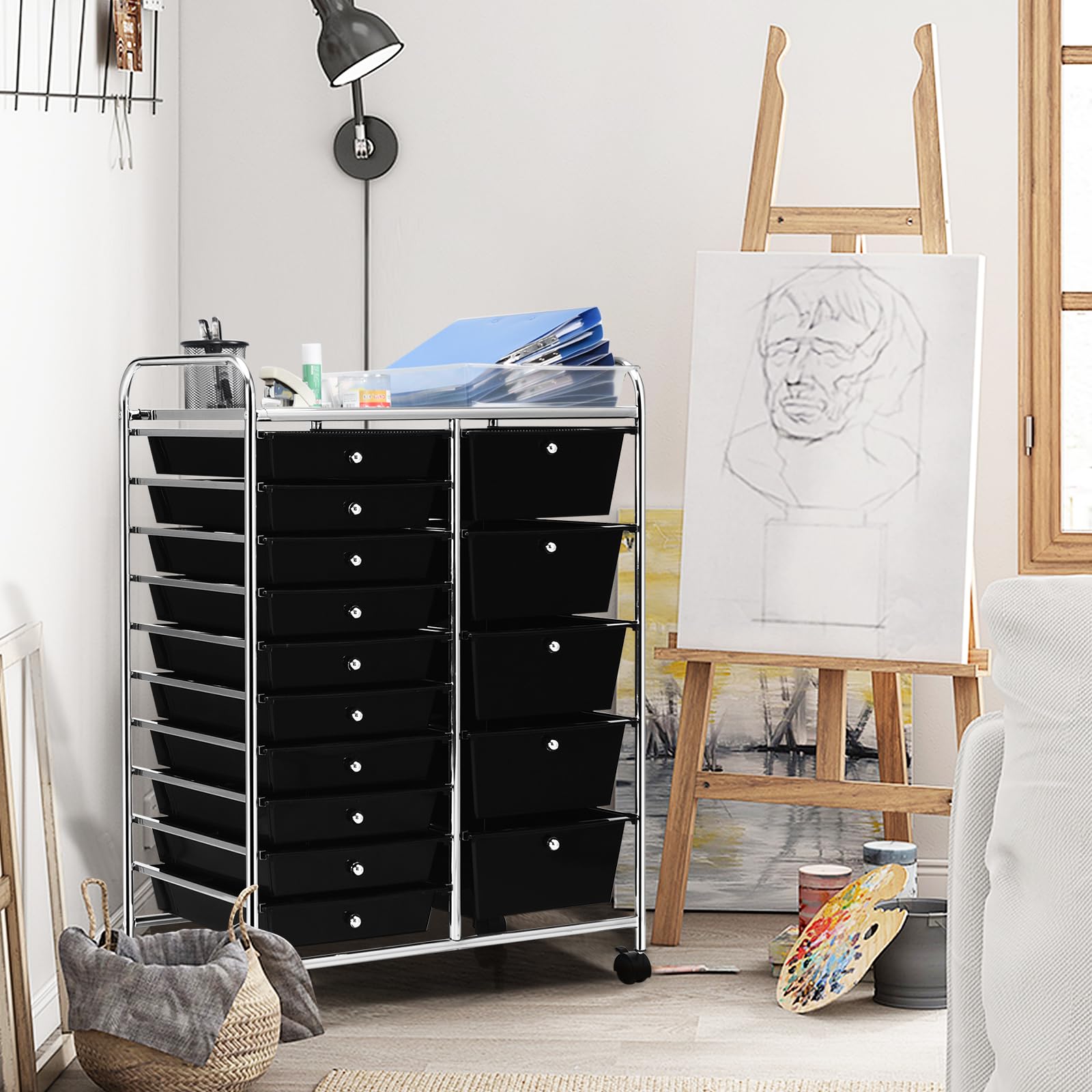 KOMFOTTEU Carrello con 10/15 cassetti impilabile, carrello da bagno con telaio in metallo, carrello multiuso per bagno e cucina (Nero, 5 cassetti)
