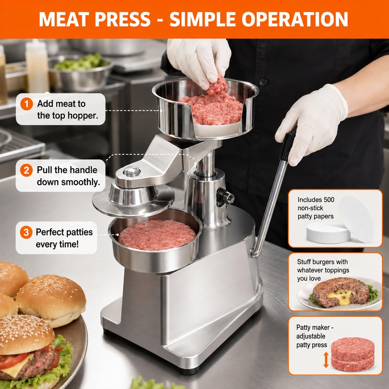 Manuelle Burger Patty Presse, 15cm Hamburgermaker mit 500Meat Patty Papier