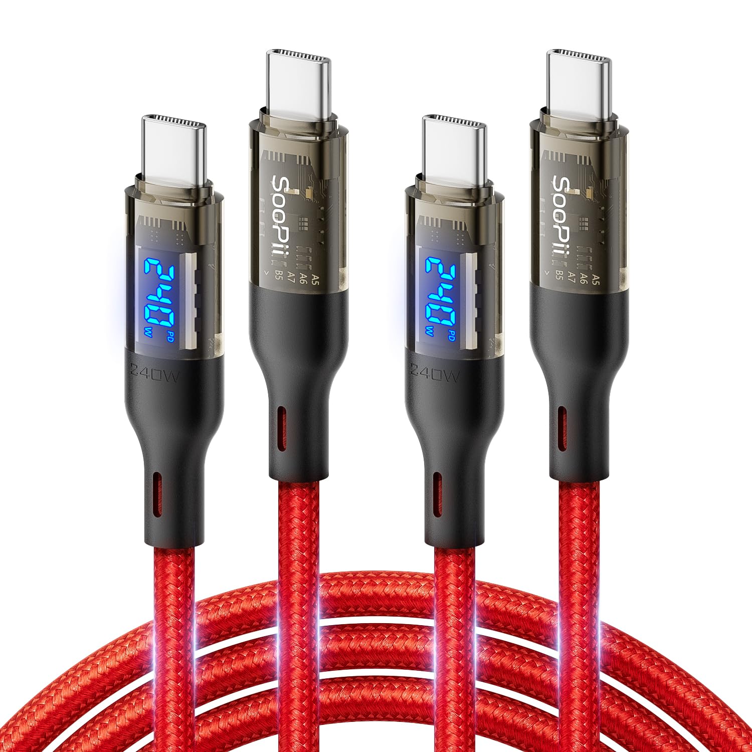 SOOPII USB C to USB C Cable [240W 10ft],Fast Charging USB C Cable with LED Display for MacBook Pro,lPhone16/15/15Pro/15ProMax,Galaxy S23+/S23 Ultra/S22 Ultra,etc.,Transparent Shell(Red-2Pack)