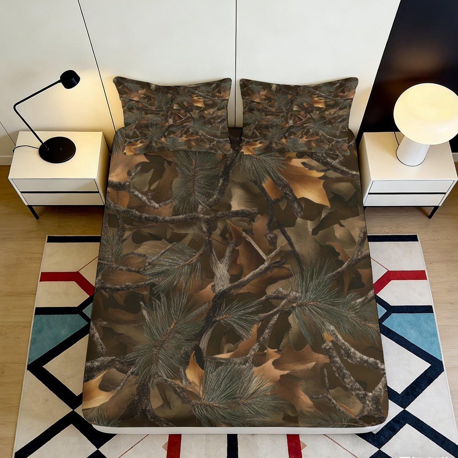 3D Printed Autumn Leaves Fitted Sheet Microfiber Soft Durable Camouflage Bed Cover for Bedroom Dormitory Guest Room Mattress Protection 160x200x25cm