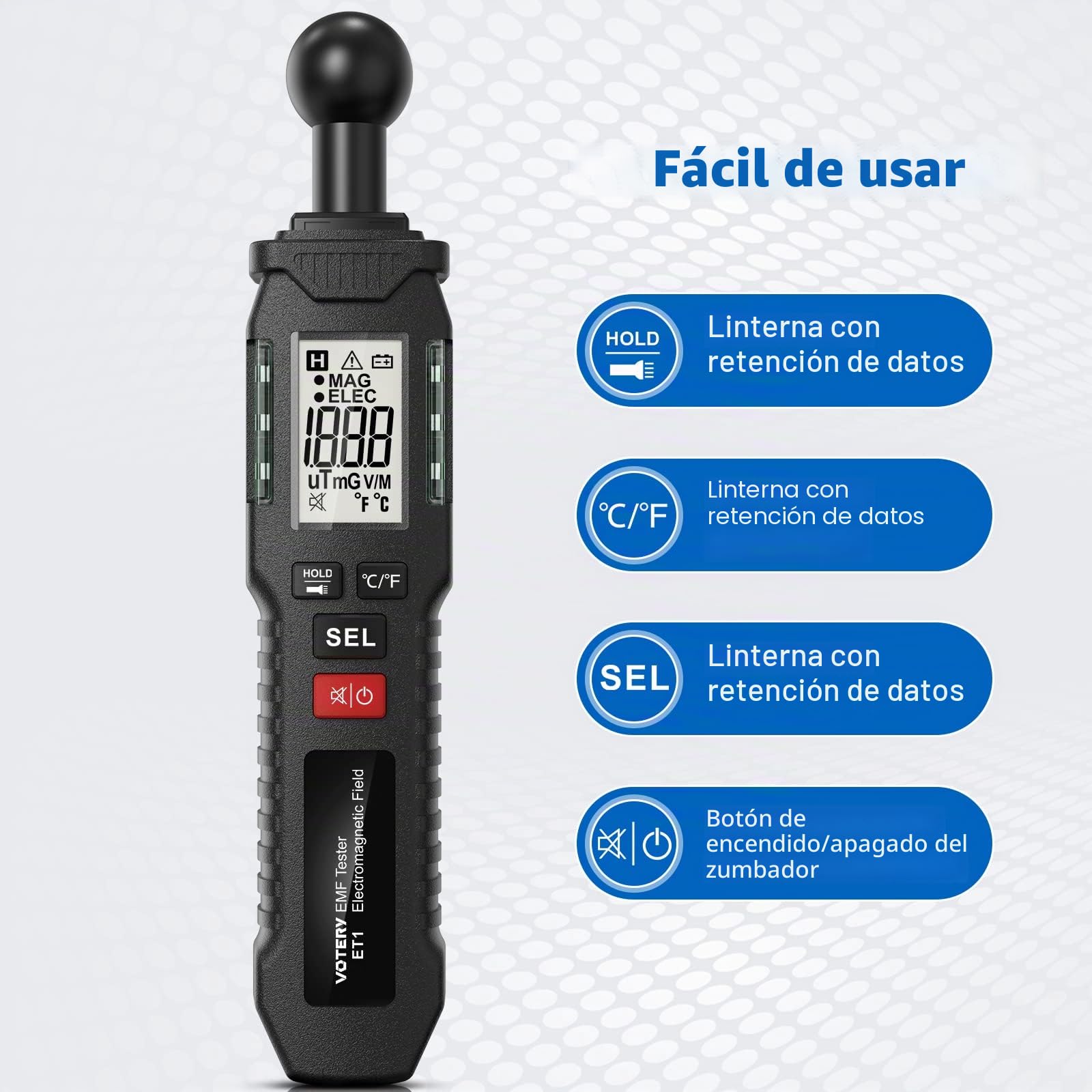 Medidor EMF, Medidor EMF digital portátil, panel LCD con zumbador y luz indicadora, adecuado para la inspección de campos electromagnéticos en casa, en la oficina, al aire libre, en sala de