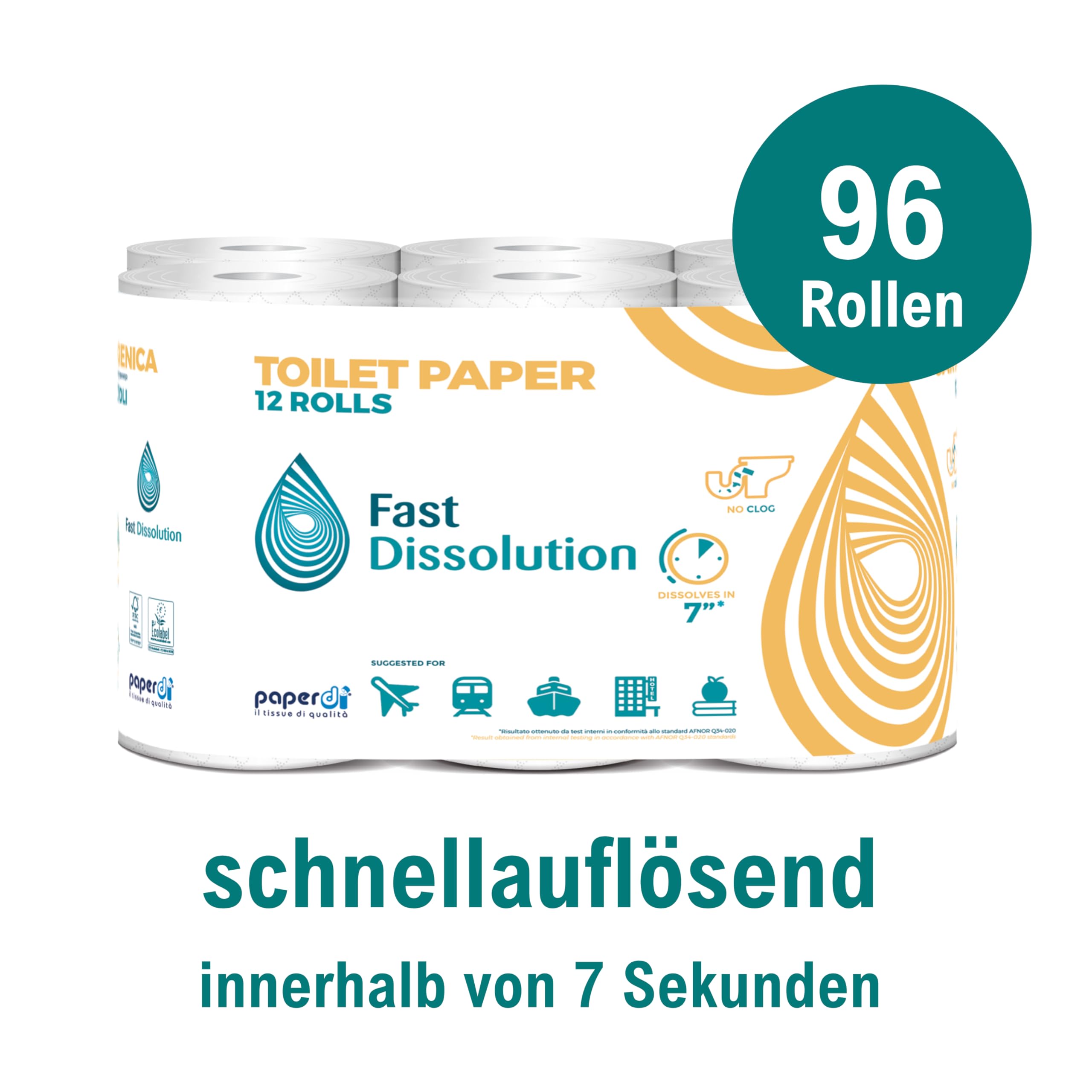 96 Rollen Selbstauflösendes Camping Toilettenpapier | 2-lagig | 165 Blatt/Rolle | Perfekt für Camping, öffentliche Einrichtungen & Wohnmobile | Lieferumfang 96 = 8 Beutel a 12 Rollen